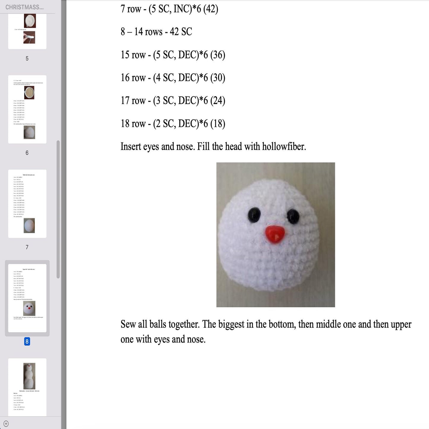 Crochet pattern Snowman, US standard terms, Skill level beginner