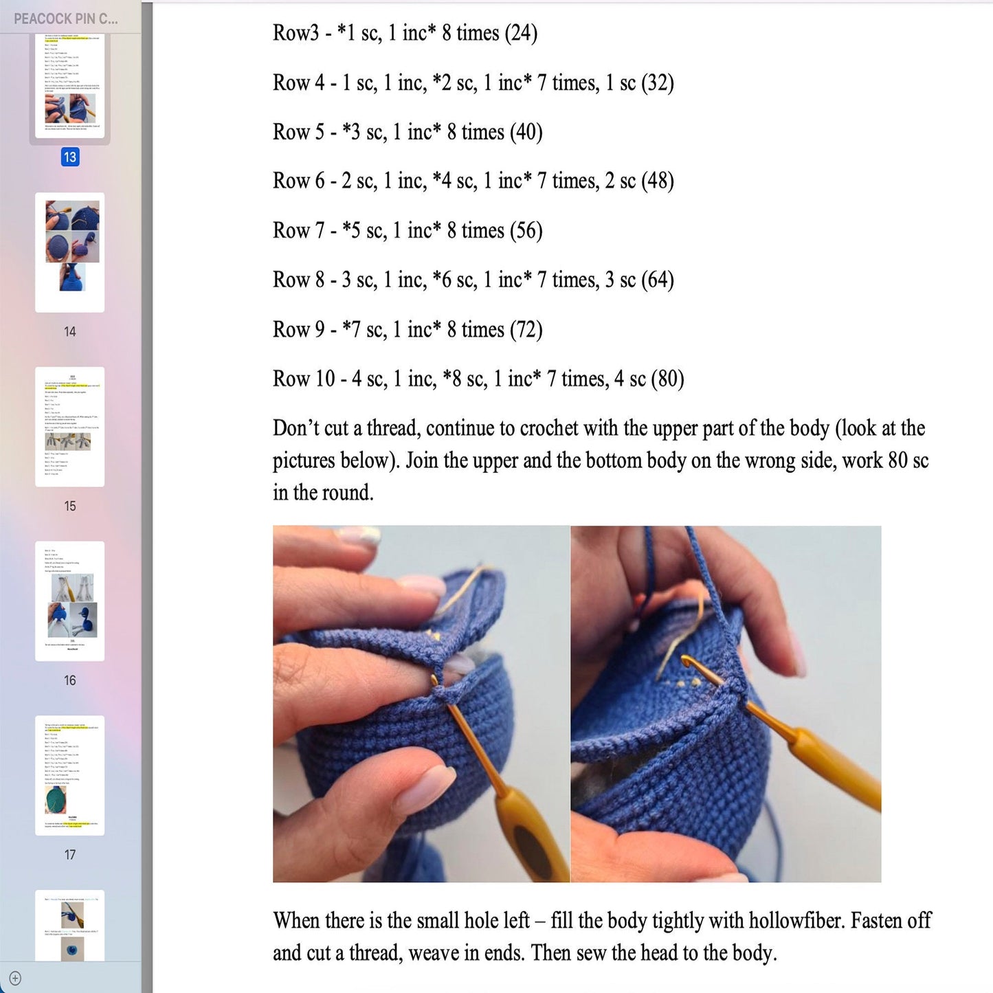 Crochet pattern peacock, US standard terms, Skill level beginner