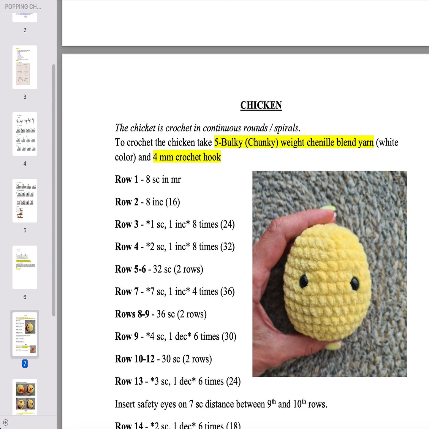 Crochet pattern No Sew Chicken, US standard terms, Skill level beginner