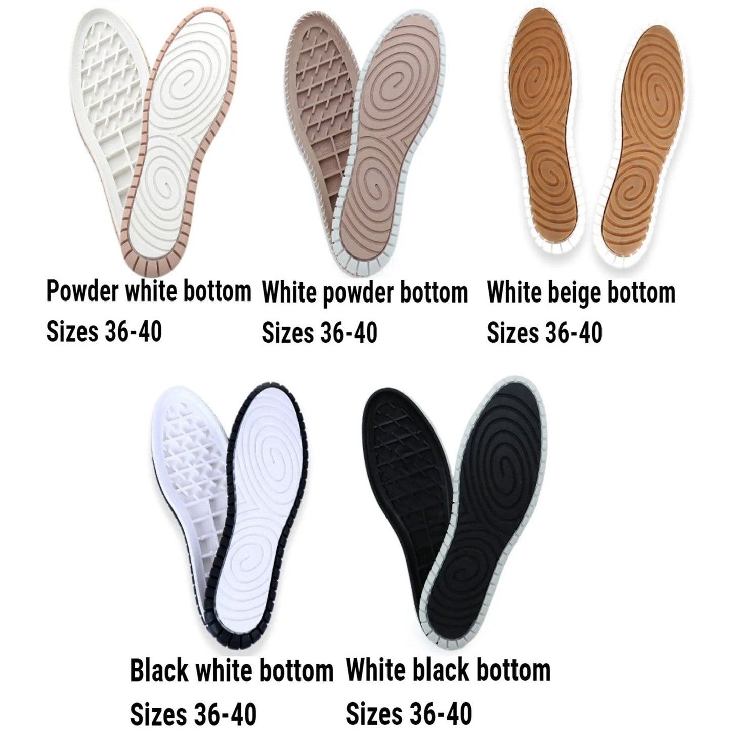 Rubber Soles, Sizes 36 - 40, 5 Colors