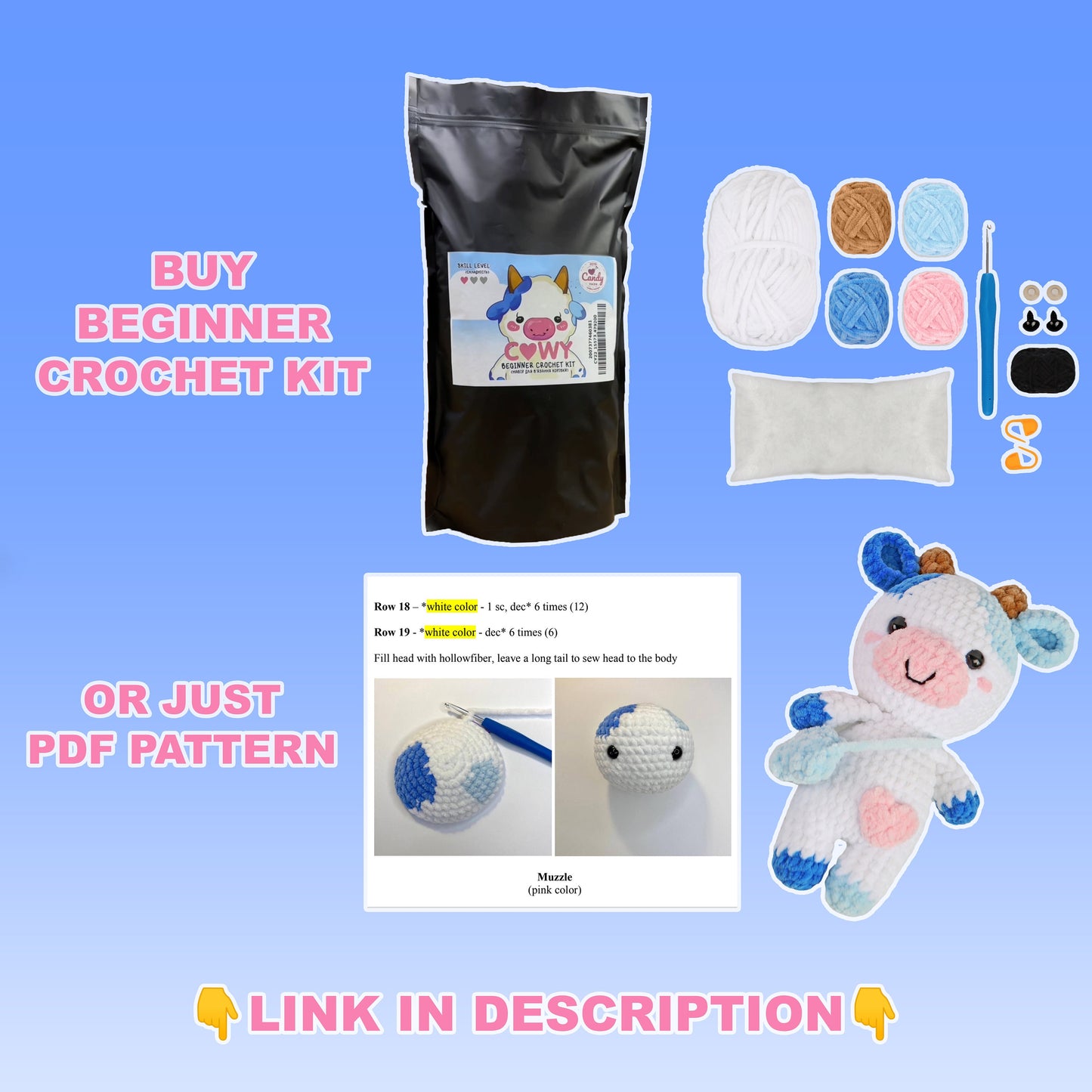 BEGINNER CROCHET KIT Amigurumi Cow, Easy Starter Crochet Kit, Amigurumi Kit, Diy Craft Kit Gift, Learn How To Crochet Kit, Amigurumi Cow