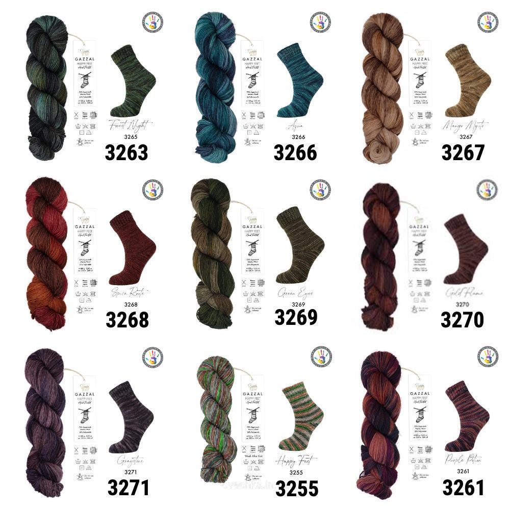 SOCK YARN 16 COLORS. Hand dyed sock yarn. Fingering sock yarn. Gazzal Happy Feet. Sprinkle yarn. Merino wool sock yarn. 100 g / 330 m