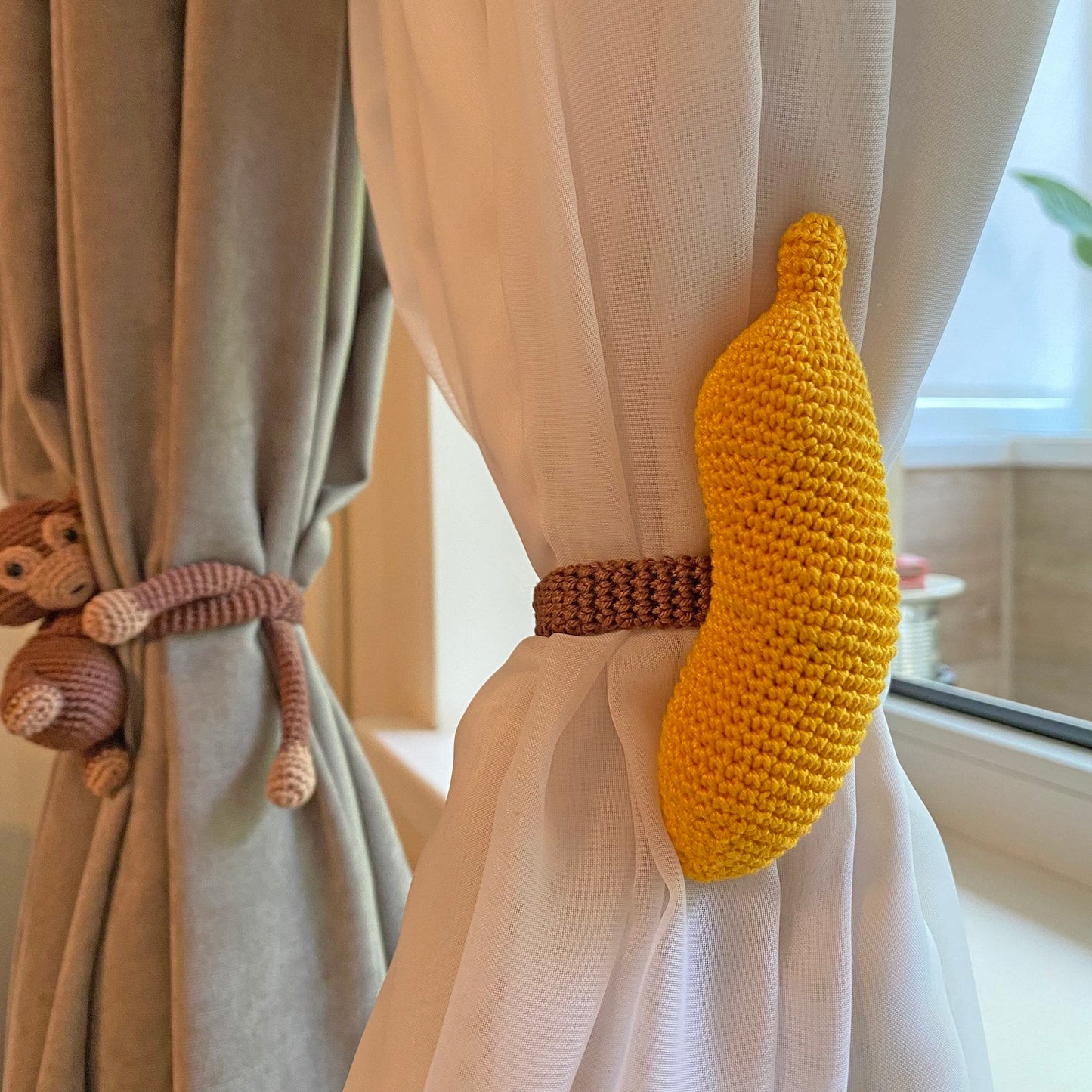 Crochet MONKEY and BANANA Curtain Tie, PDF Amigurumi Pattern, Crochet Nursery Decor, Housewarming Gift, Easy Crochet Pattern, Home Decor