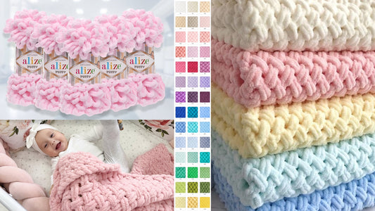 Crochet kit of Blanket for newborn 75x90 cm for hand knitting from plush yarn with loops Alize Puffy