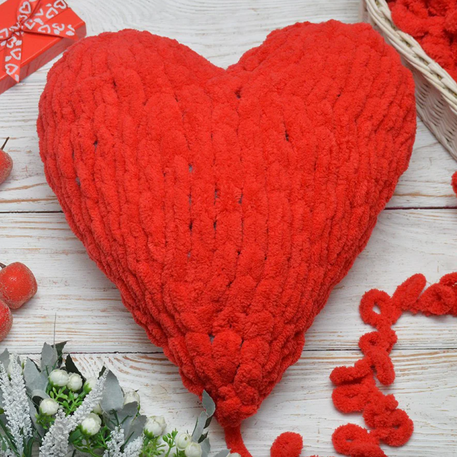 Easy heart-shaped pillow finger knit pattern❤️