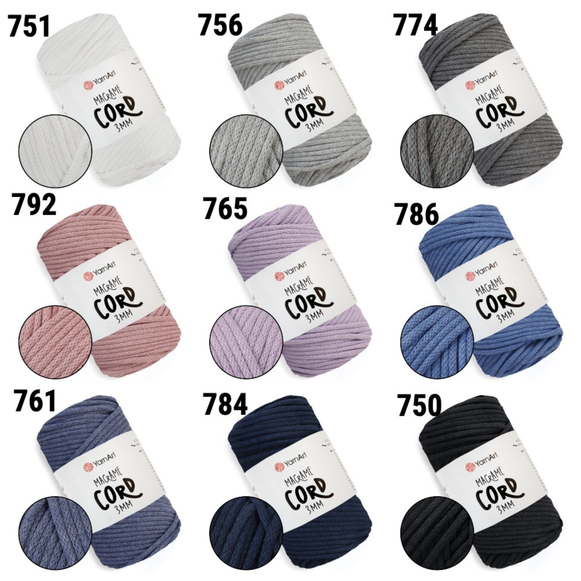 YarnArt Macrame Cord 3 mm, 22 colors, 8.8 oz / 109 yds