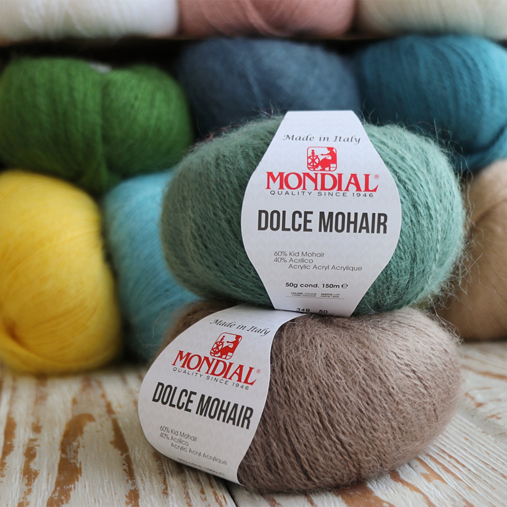 Mondial Dolce Mohair, 27 colors, 1.76 oz / 164 yds