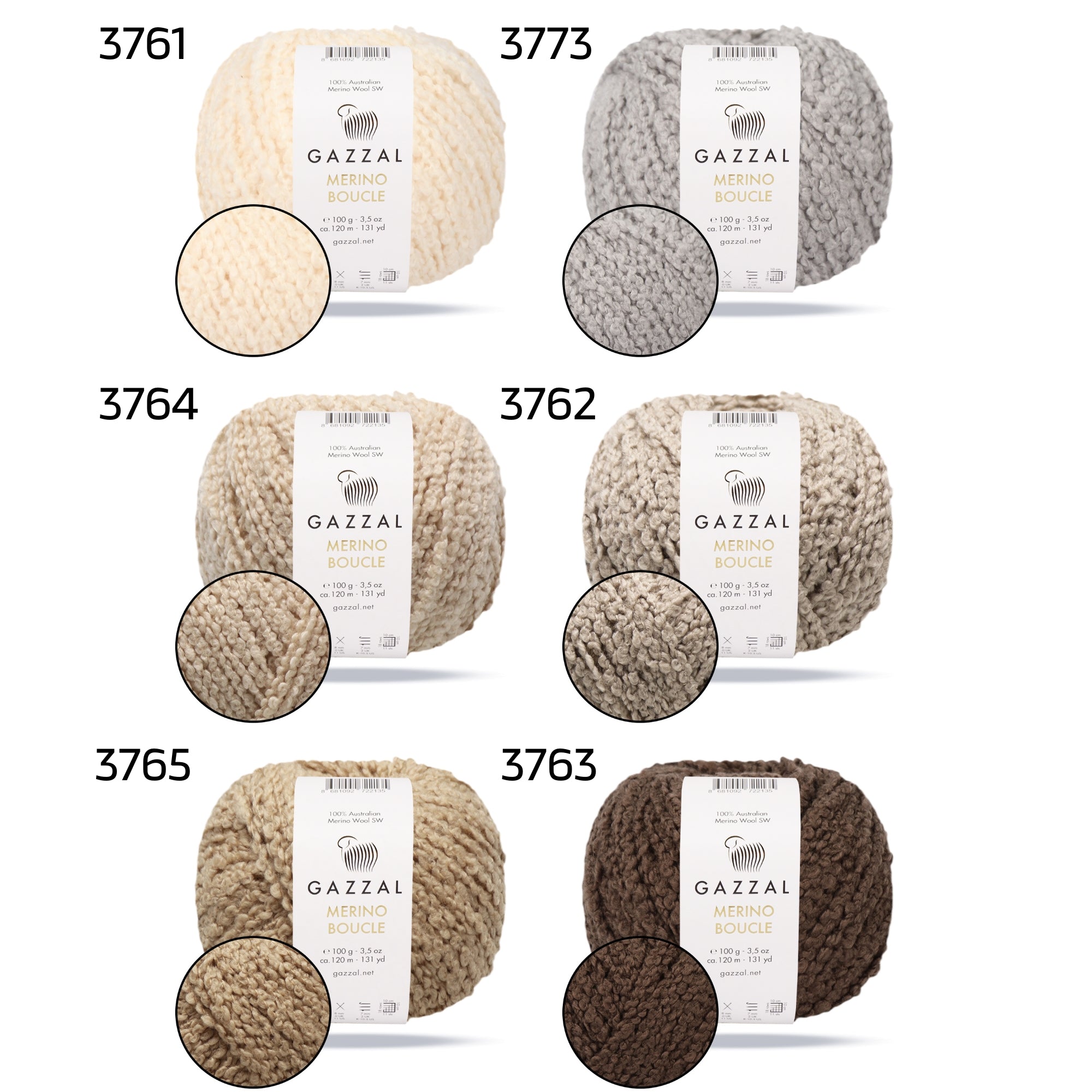 Gazzal Merino Boucle, 6 colors, 3.53 oz / 131 yds