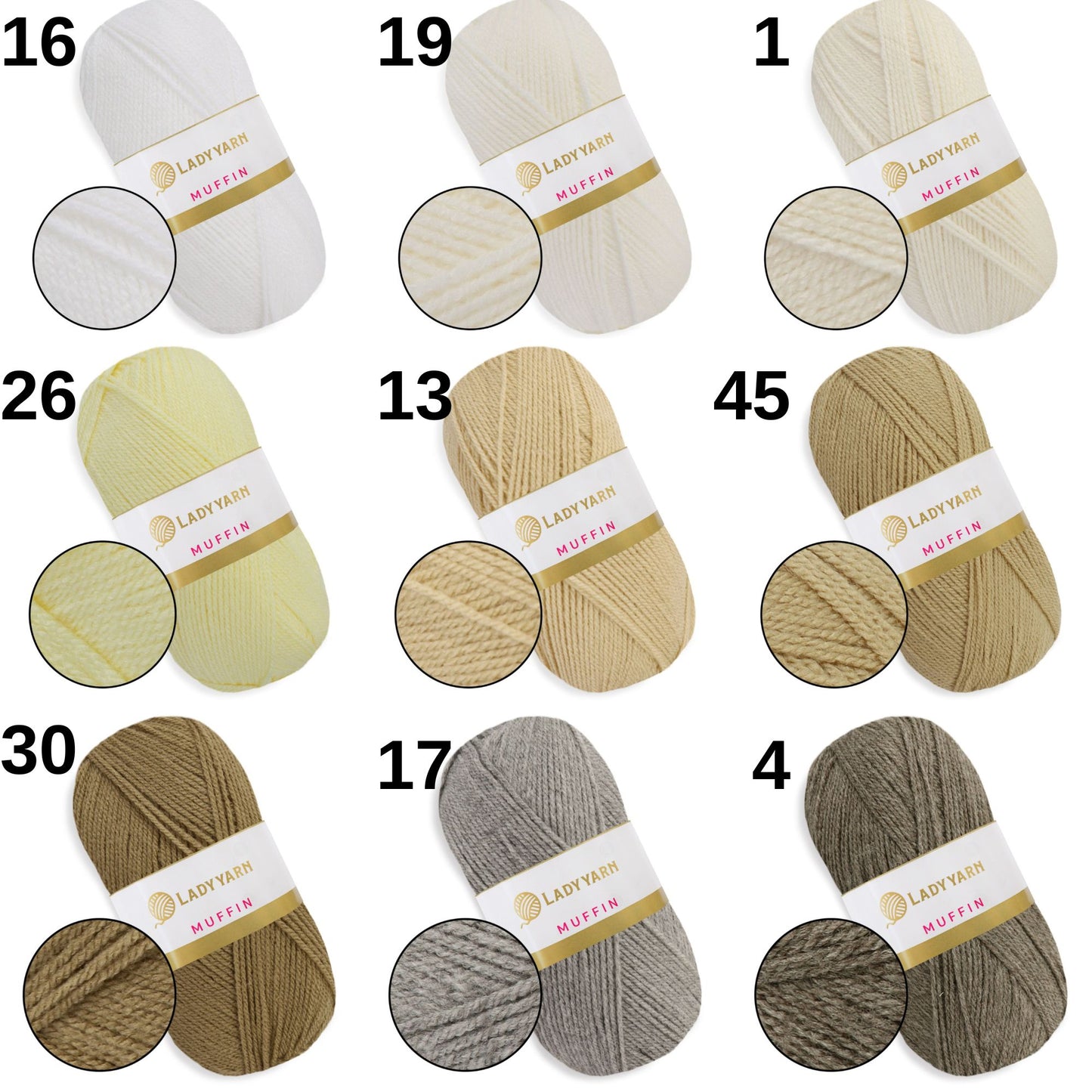 Lady Yarn Muffin, 36 colors, 3.5 oz / 525 yds
