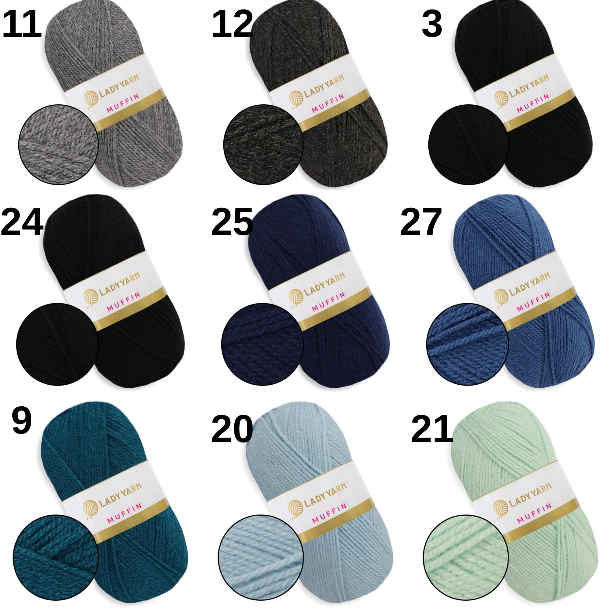 Lady Yarn Muffin, 36 colors, 3.5 oz / 525 yds