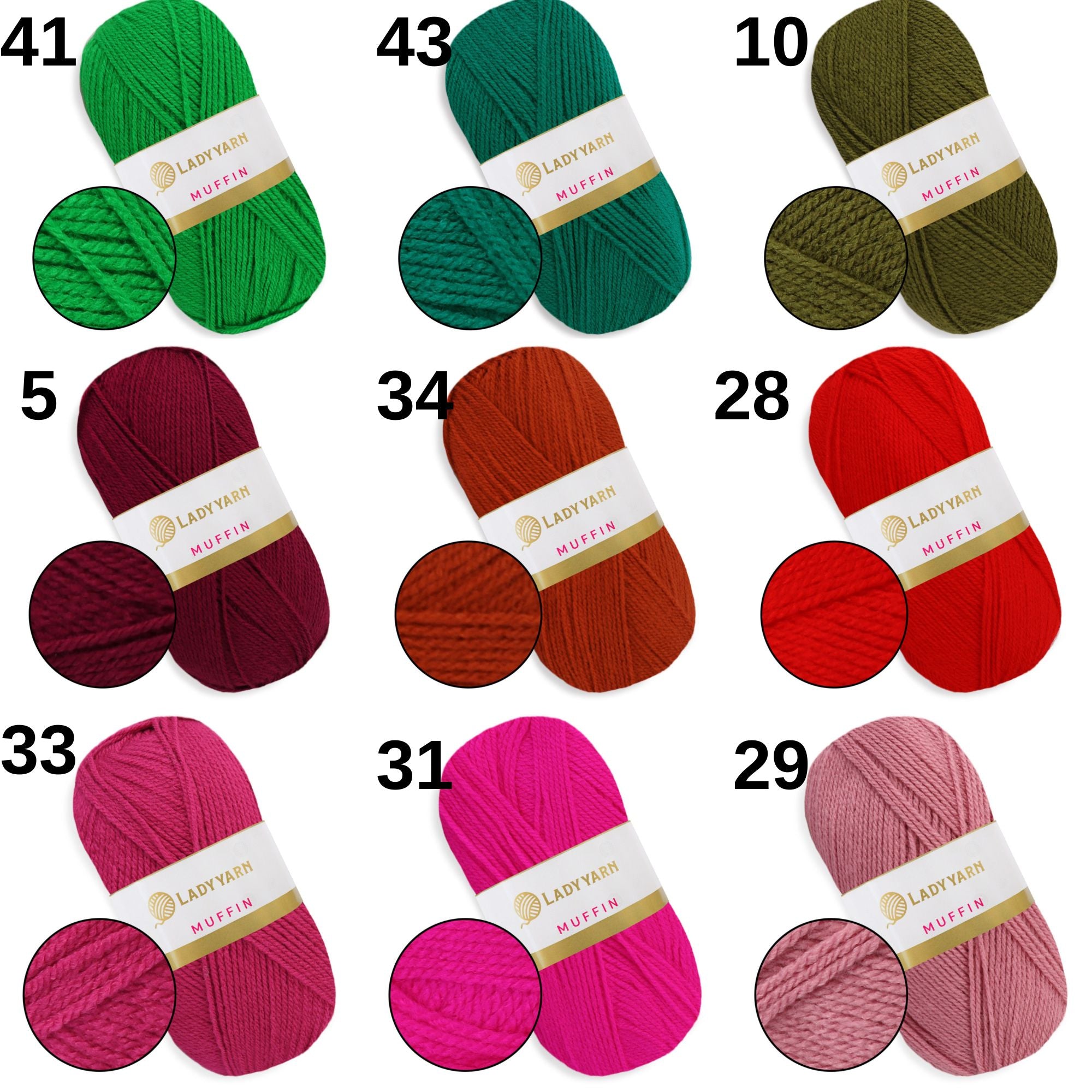 Lady Yarn Muffin, 36 colors, 3.5 oz / 525 yds
