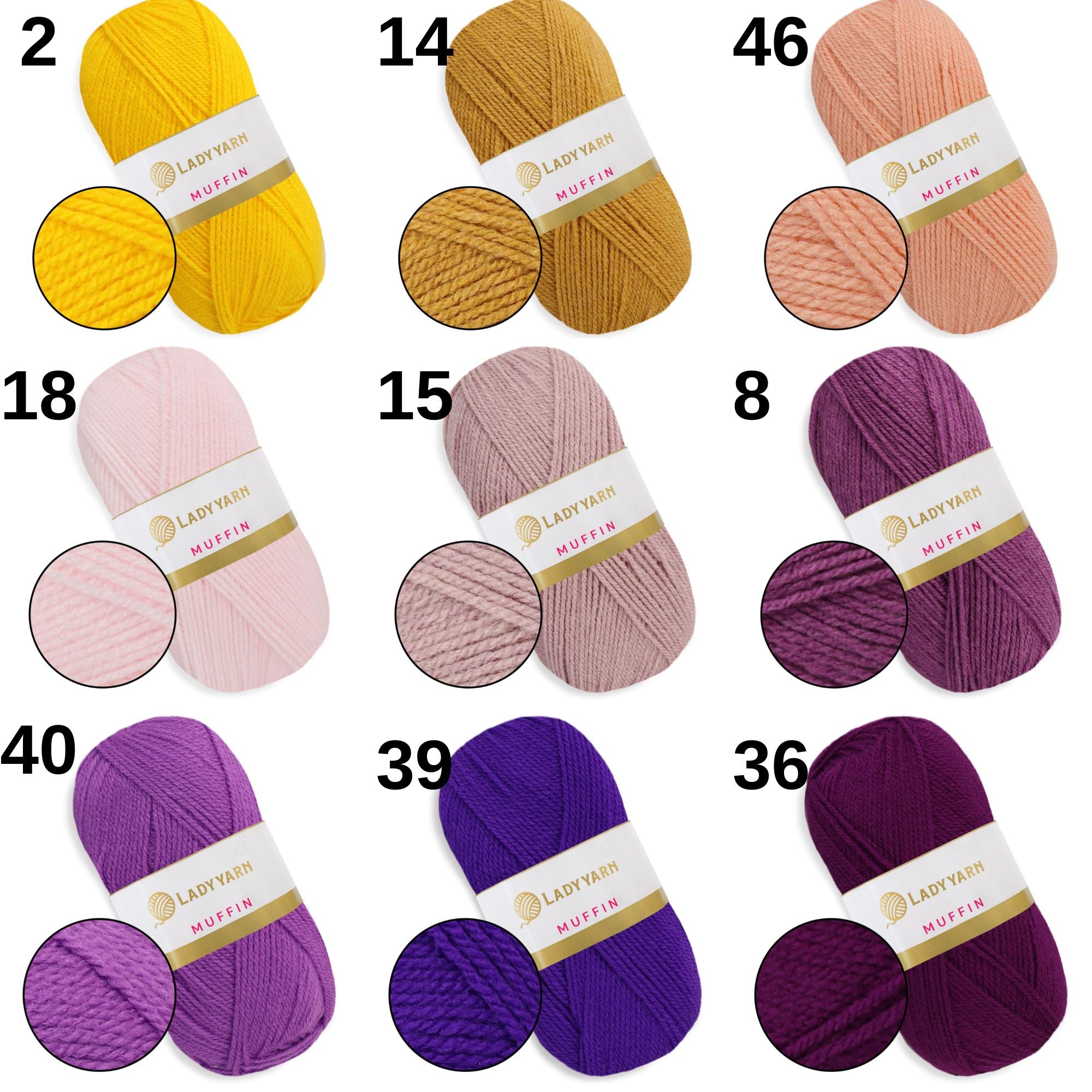 Lady Yarn Muffin, 36 colors, 3.5 oz / 525 yds