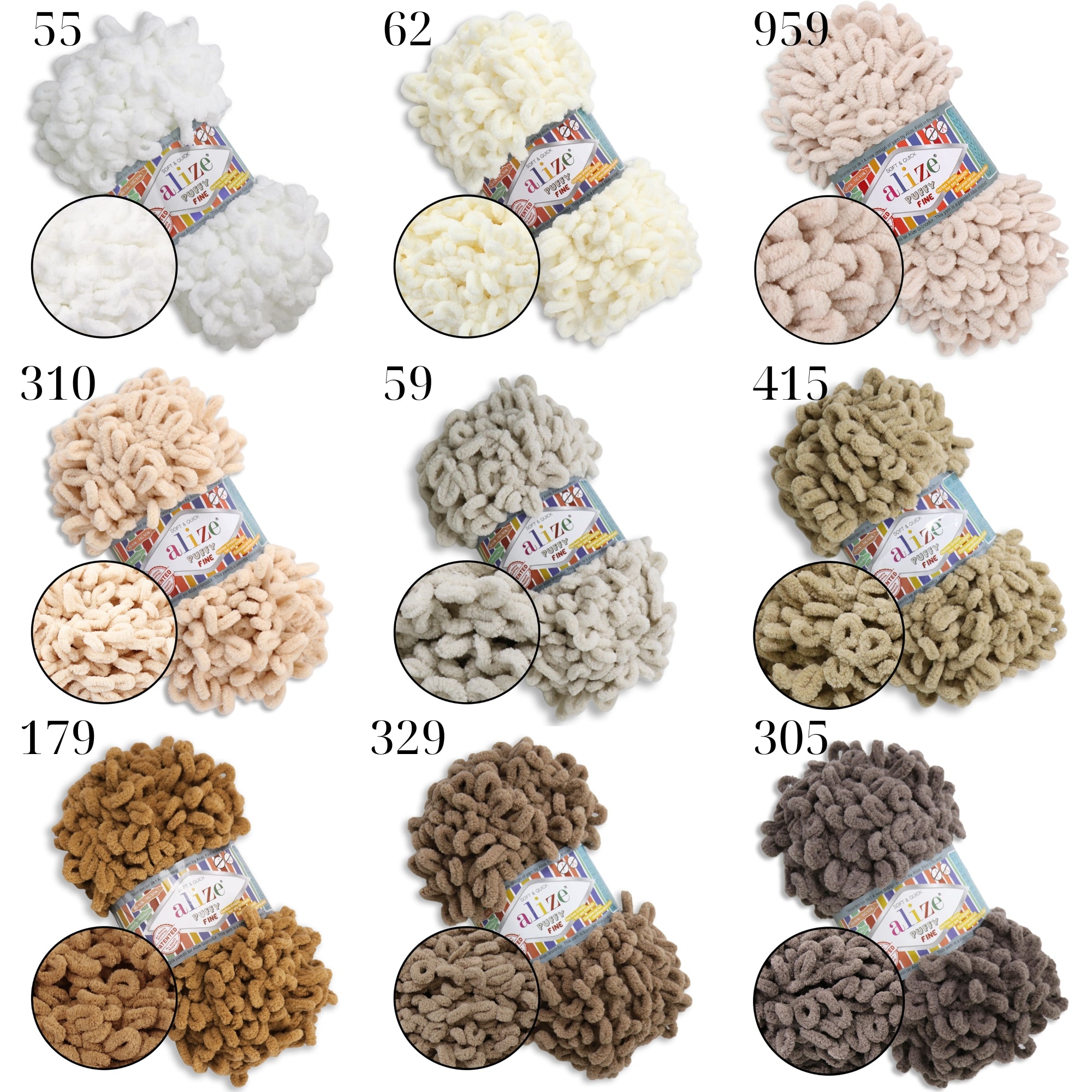 Alize Puffy Fine, 42 Colors, 3.5 oz / 15.3 yds