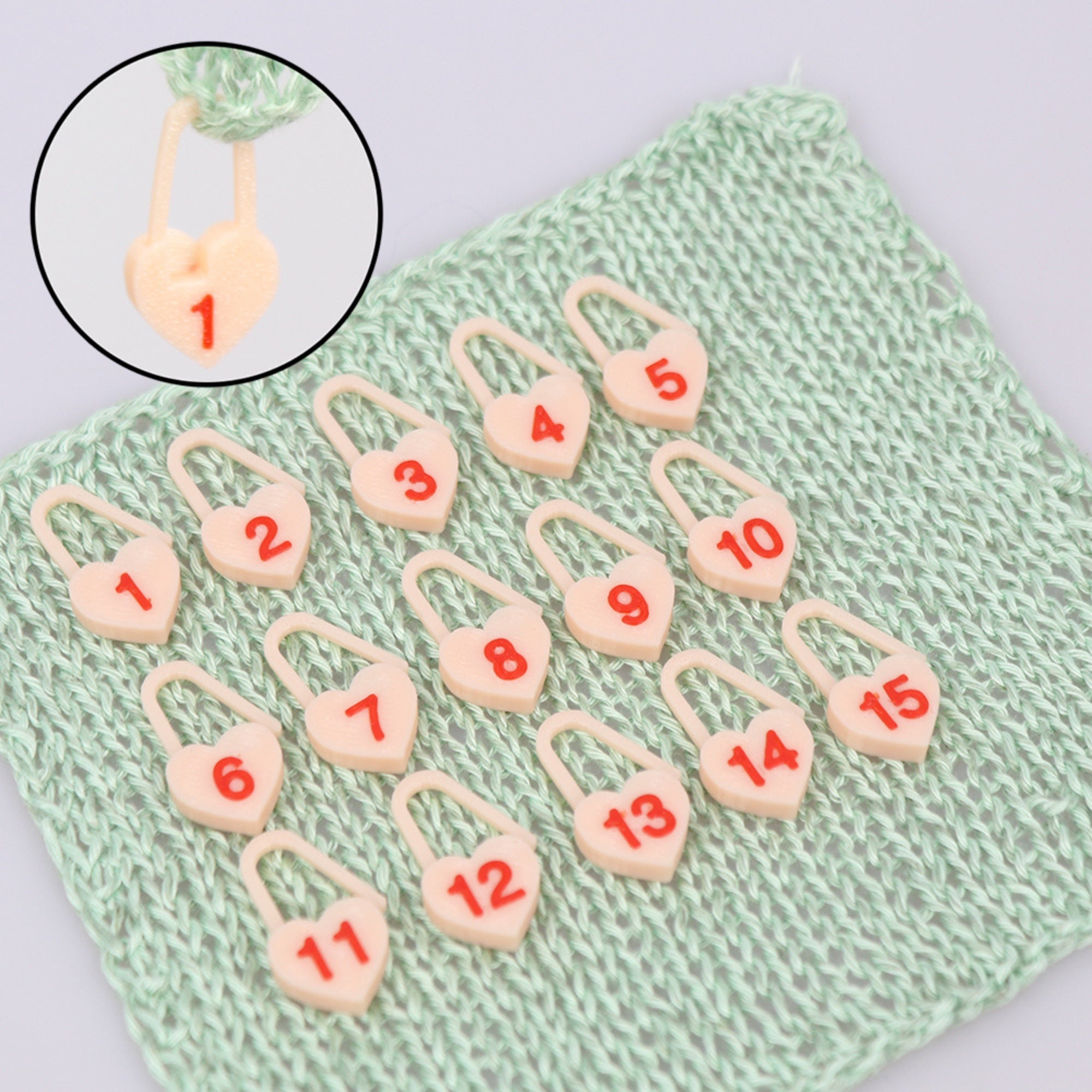 Set of Numbered Locking Stitch Markers, “Powder Heart” – 15 pcs