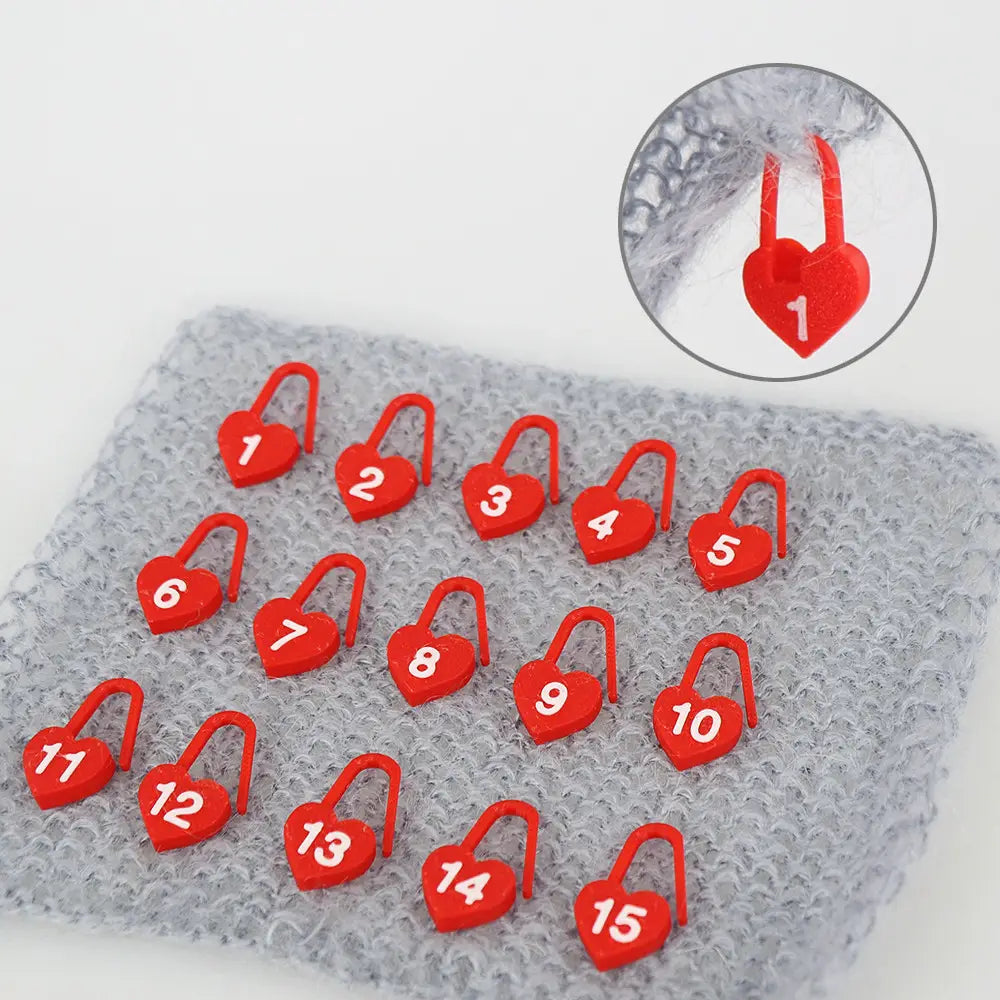 Set of Numbered Locking Stitch Markers, “Powder Heart” – 15 pcs