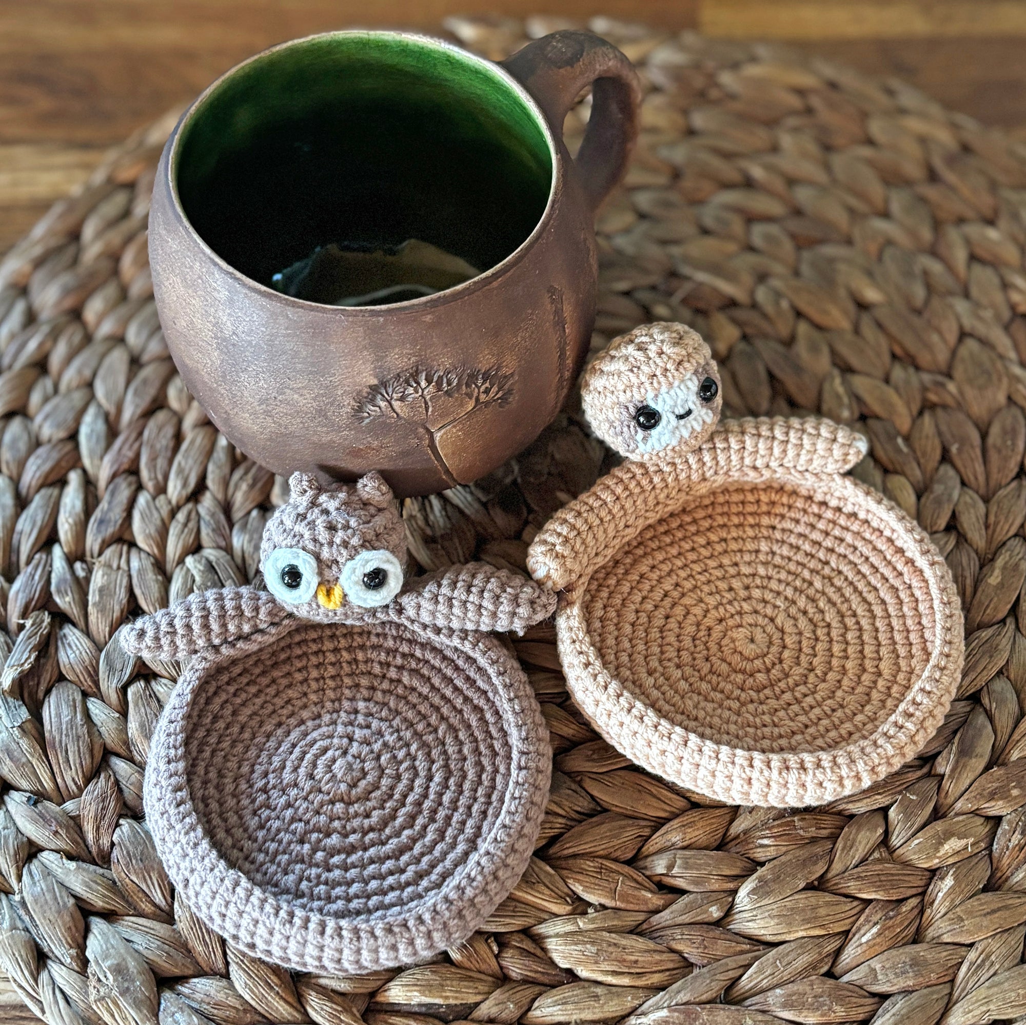 SLOTH & OWL COASTERS Crochet Pattern (skill level beginner)