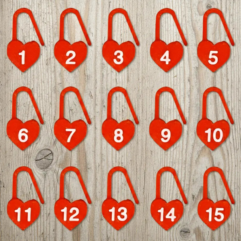 Set of Numbered Locking Stitch Markers, “Powder Heart” – 15 pcs