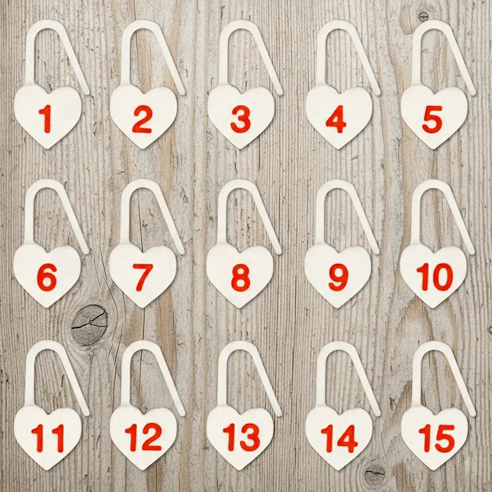 Set of Numbered Locking Stitch Markers, “Powder Heart” – 15 pcs