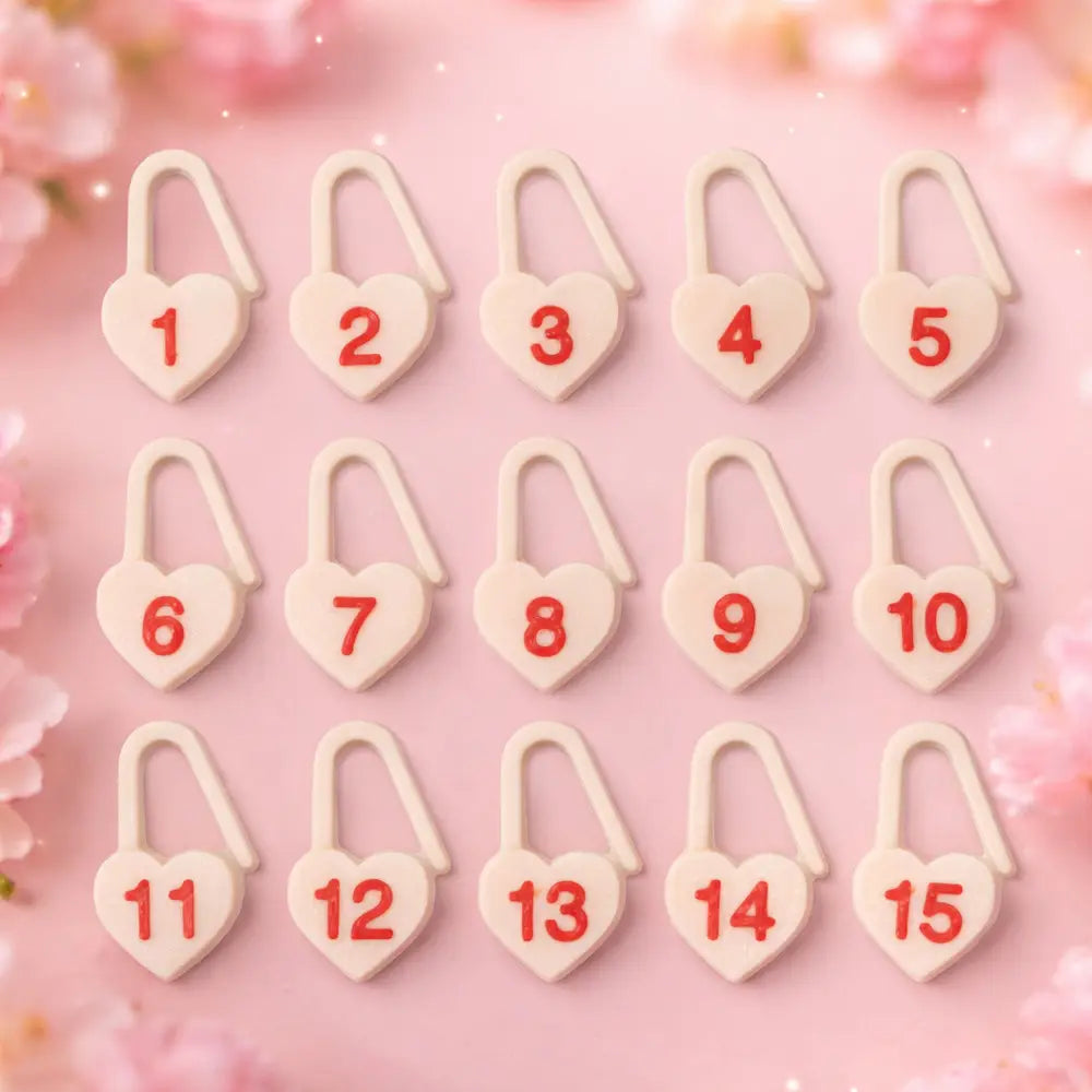 Set of Numbered Locking Stitch Markers, “Powder Heart” – 15 pcs