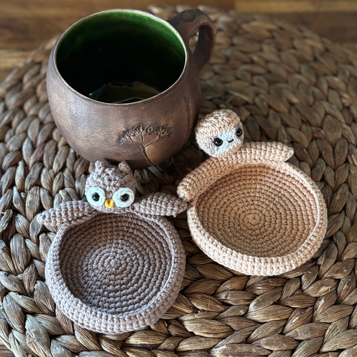 SLOTH & OWL COASTERS Crochet Pattern (skill level beginner)