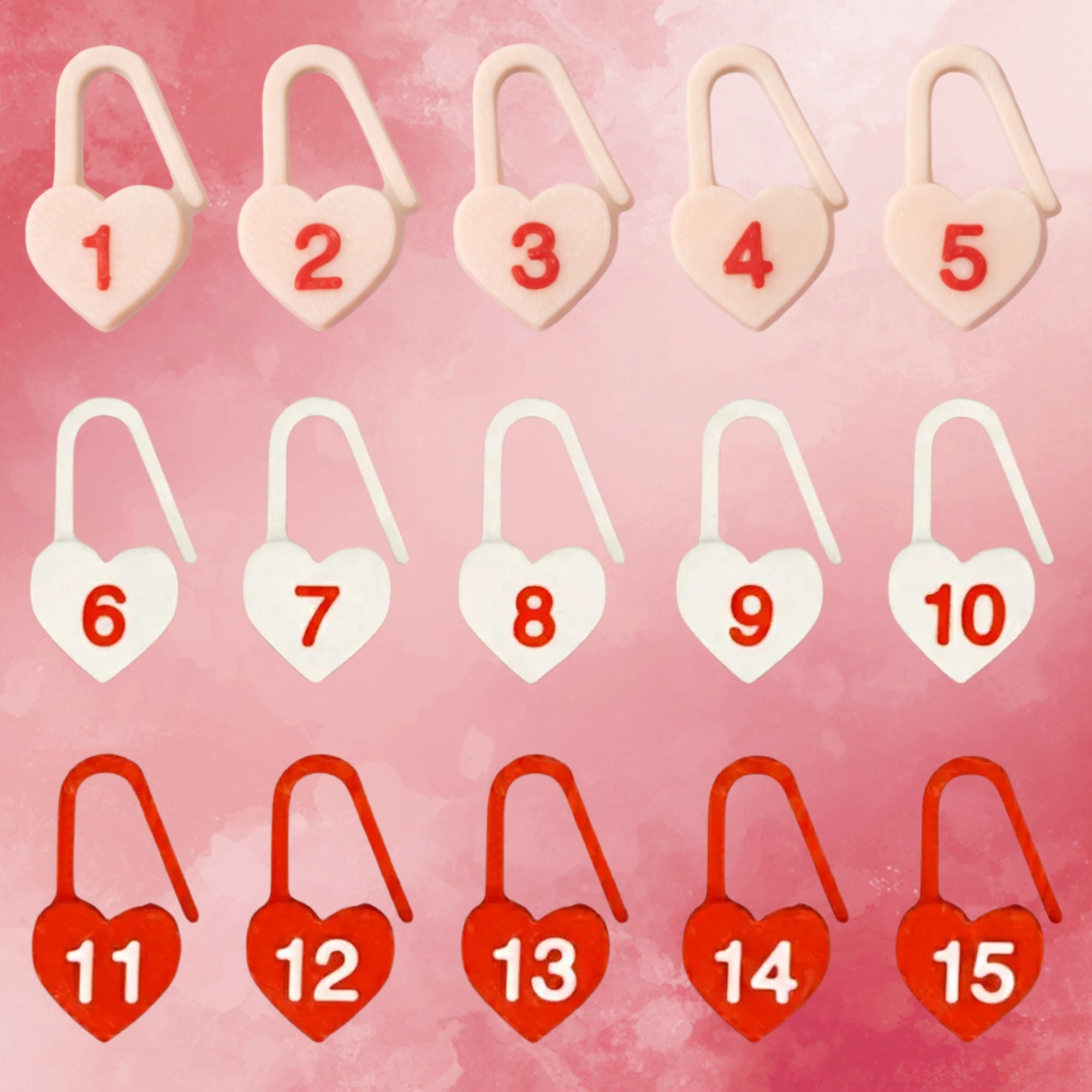 Set of Numbered Locking Stitch Markers, “Powder Heart” – 15 pcs