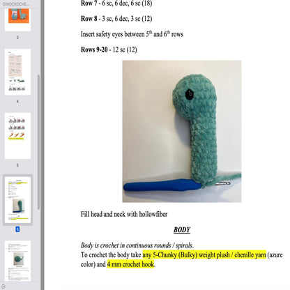 Crochet pattern Dinosaur, US standard terms, Skill level beginner