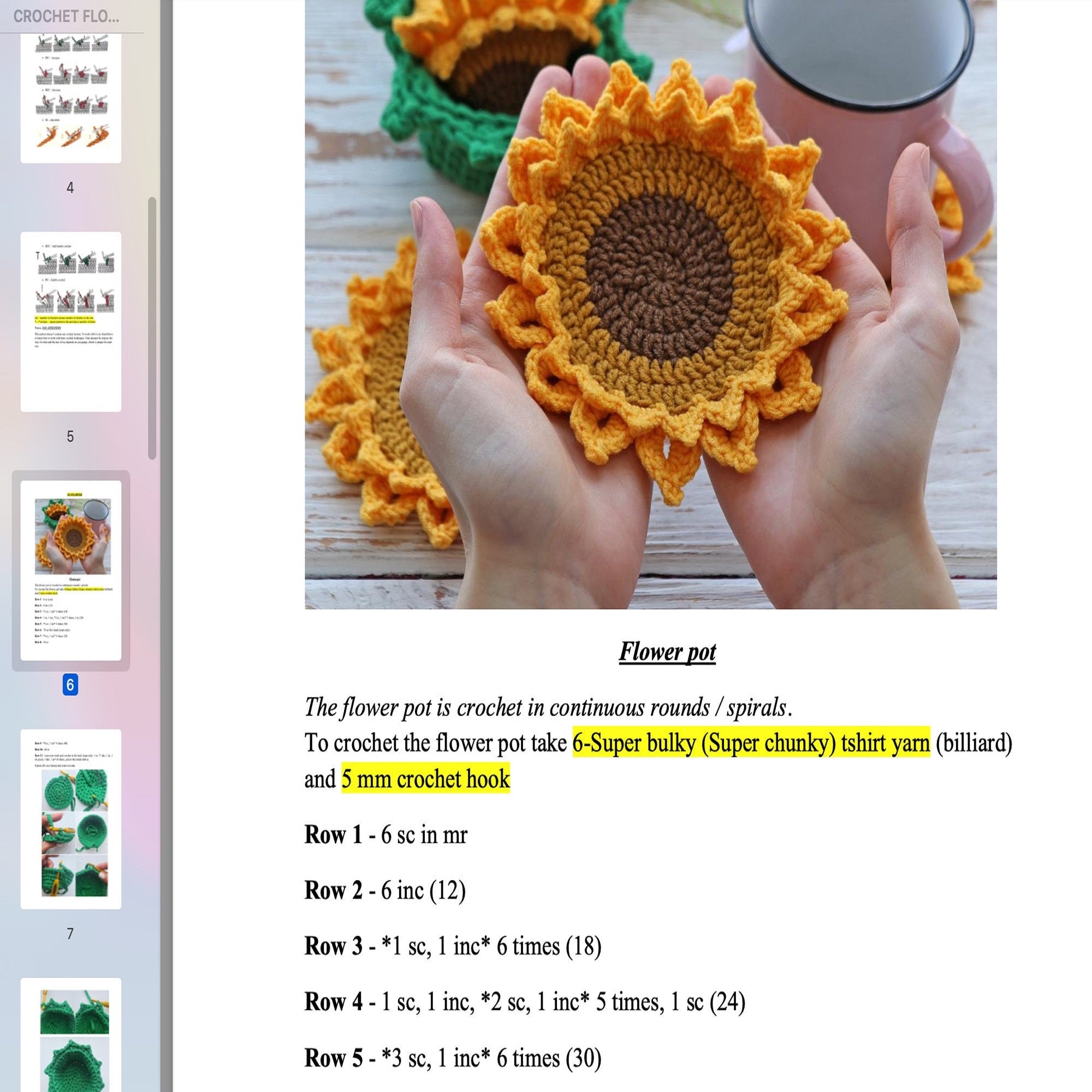 FLOWER POT COASTERS Crochet Pattern (skill level beginner)