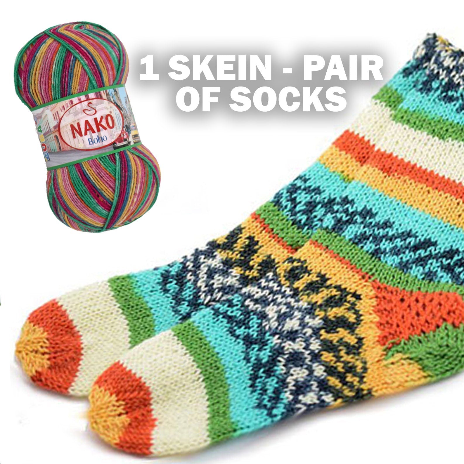 NAKO BOHO, SOCK Yarn 41 Colors, Merino Wool Sock Yarn, Fingering Sock Yarn, Superwash Socks Yarn, Wool Yarn, Knitting Yarn, Winter Yarn