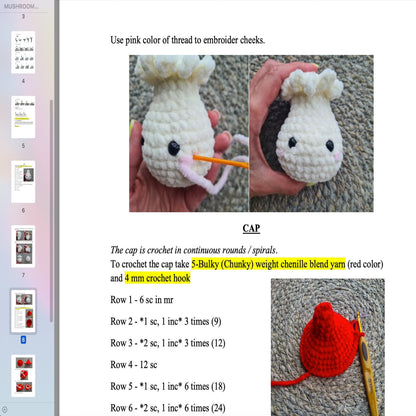 Crochet pattern Mushroom Poping Plushie, US standard terms, Skill level beginner