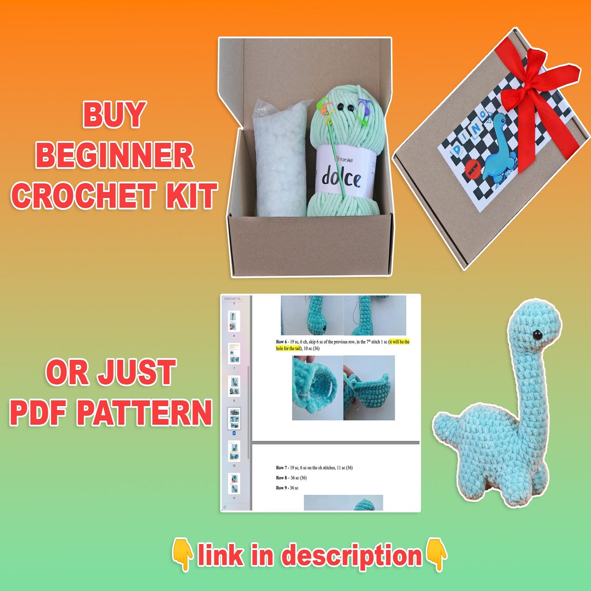 BEGINNER CROCHET KIT Amigurumi Dinosaur + Pdf Pattern, Easy Starter Crochet Kit, Amigurumi Kit, Diy Craft Kit Gift, Crochet Dinosaur