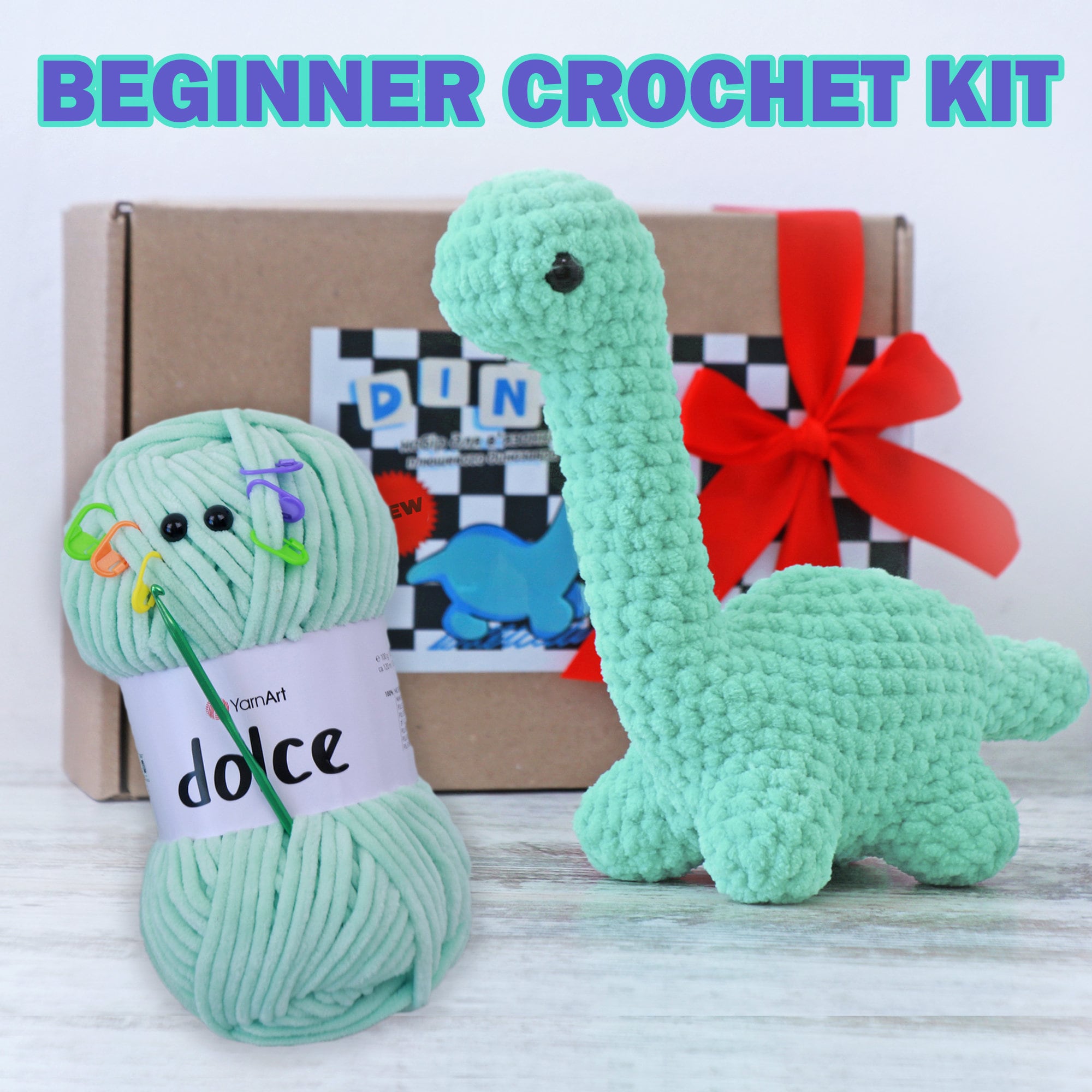 BEGINNER CROCHET KIT Amigurumi Dinosaur + Pdf Pattern, Easy Starter Crochet Kit, Amigurumi Kit, Diy Craft Kit Gift, Crochet Dinosaur