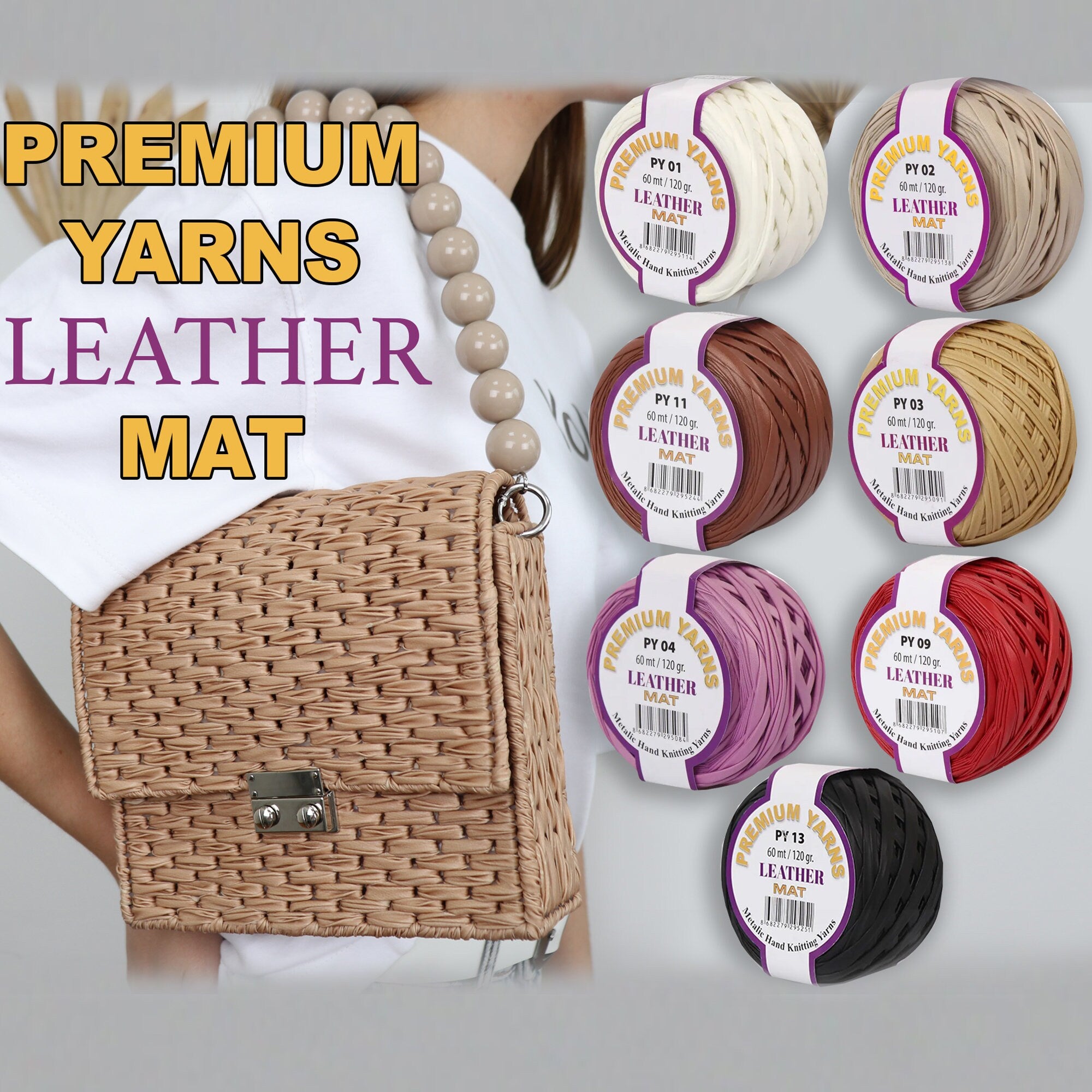 PREMIUM YARNS LEATHER Mat, Leather Mat T-shirt Yarn, Crochet Leather Mat Look Yarn, Metallic T-shirt Yarn, Yarn For Crochet Bags and Purses