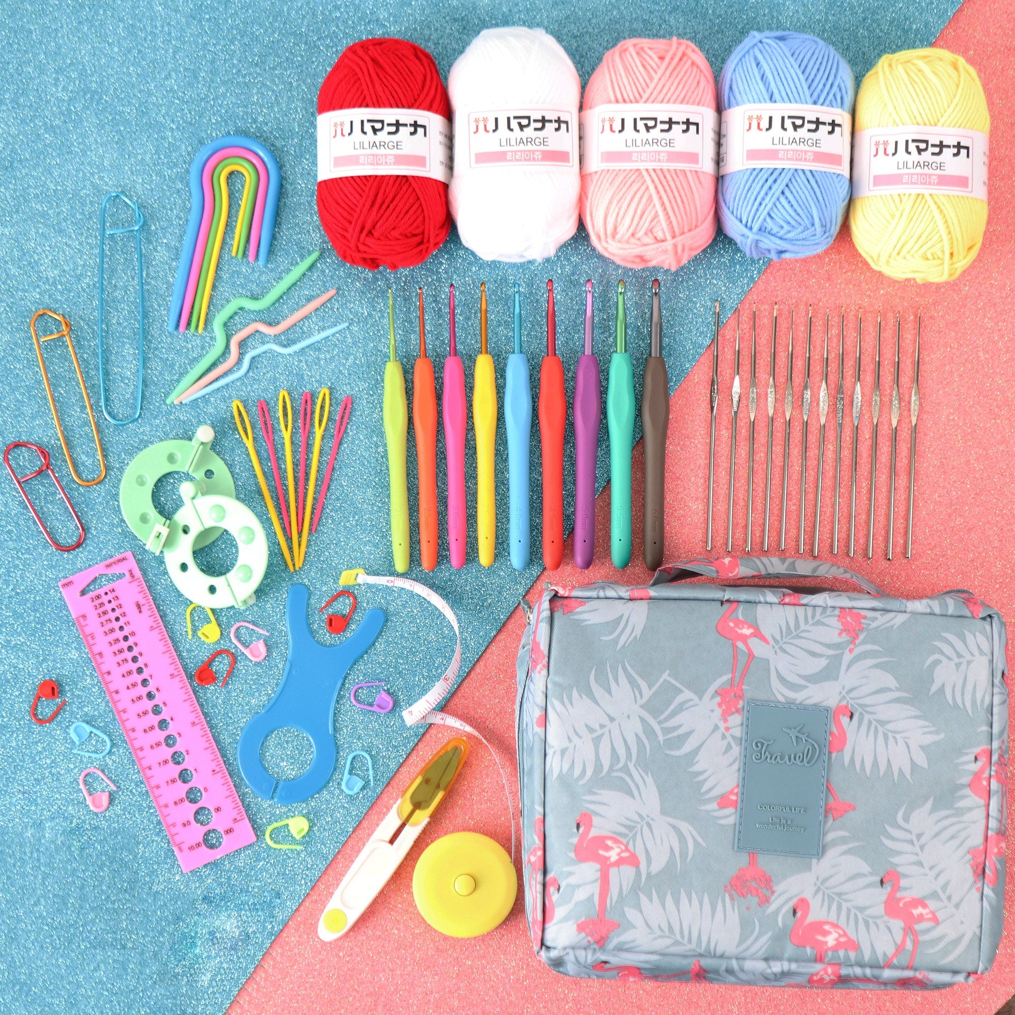 DIY Mini Crochet Kit, Beginner Crochet Kit All Ages, Includes Yarn, Crochet Hooks, Accessories Kit, Case & More, 58 Items in the Kit