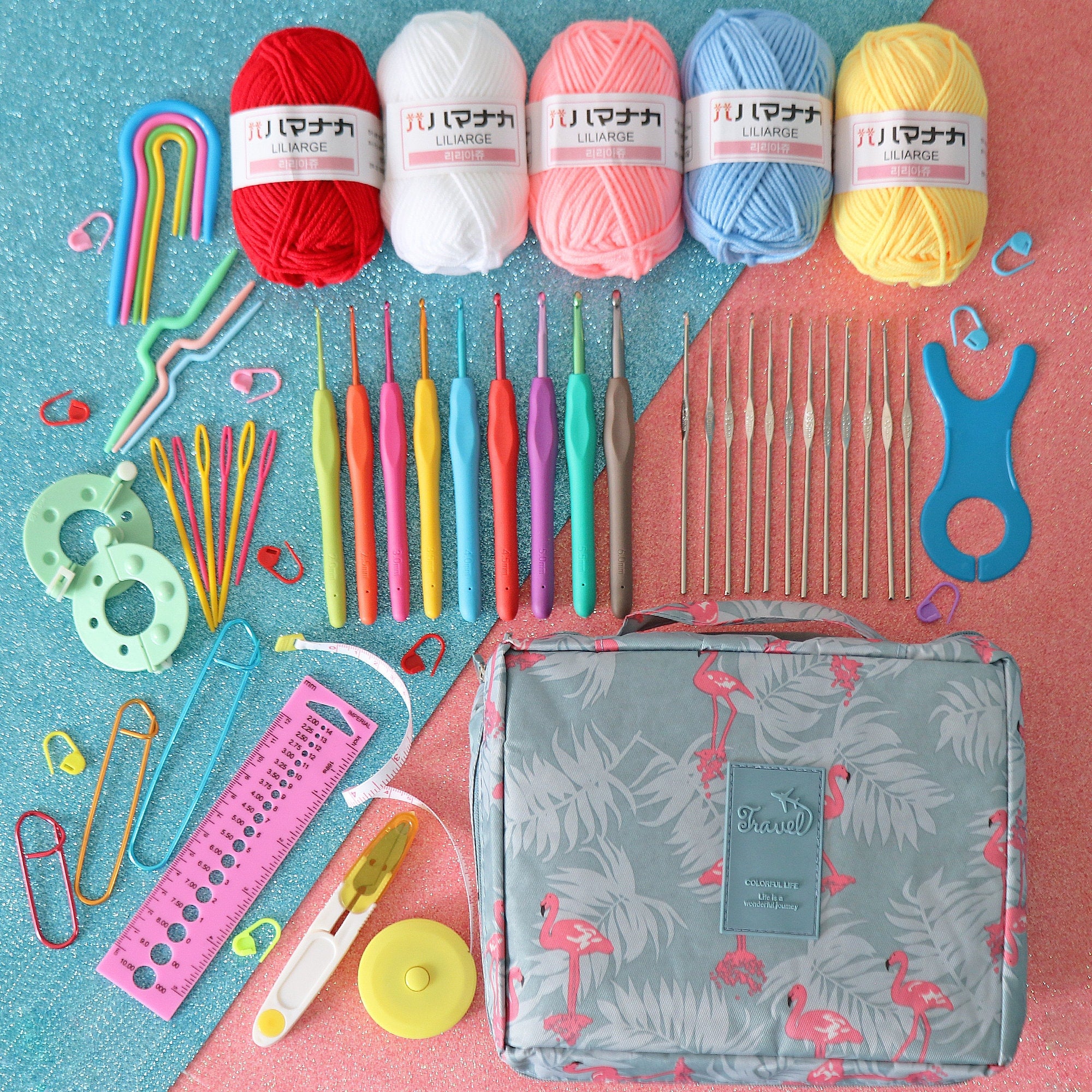 DIY Mini Crochet Kit, Beginner Crochet Kit All Ages, Includes Yarn, Crochet Hooks, Accessories Kit, Case & More, 58 Items in the Kit