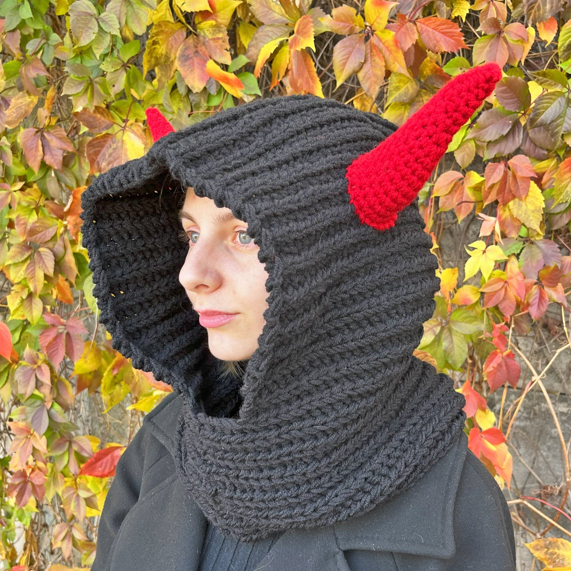 Crochet Pattern HORNED COWL, Halloween Hood, Unisex Hooded Cowl, Crochet Balaclava, Halloween Costume, English Only, Digital PDF Pattern