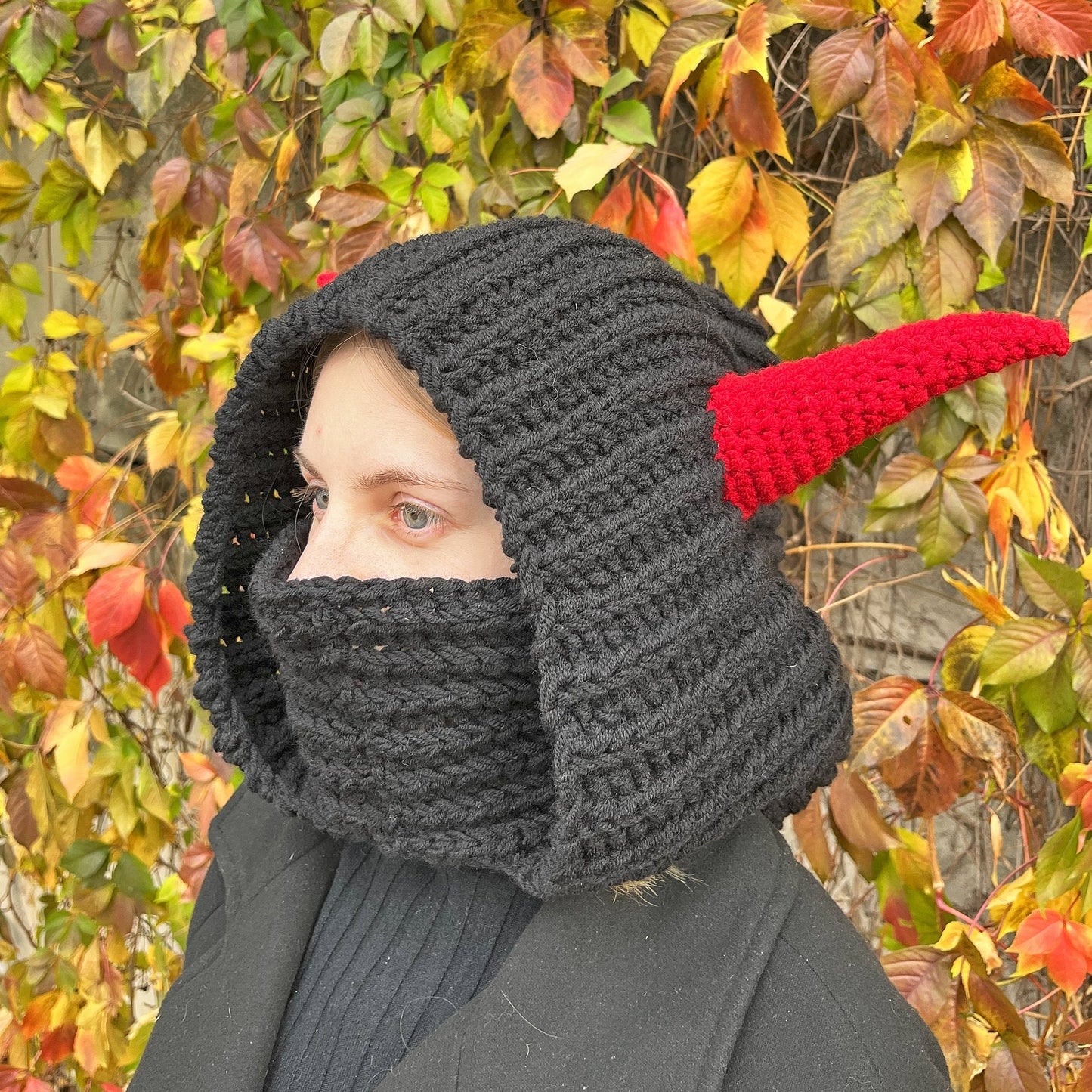 Crochet Pattern HORNED COWL, Halloween Hood, Unisex Hooded Cowl, Crochet Balaclava, Halloween Costume, English Only, Digital PDF Pattern