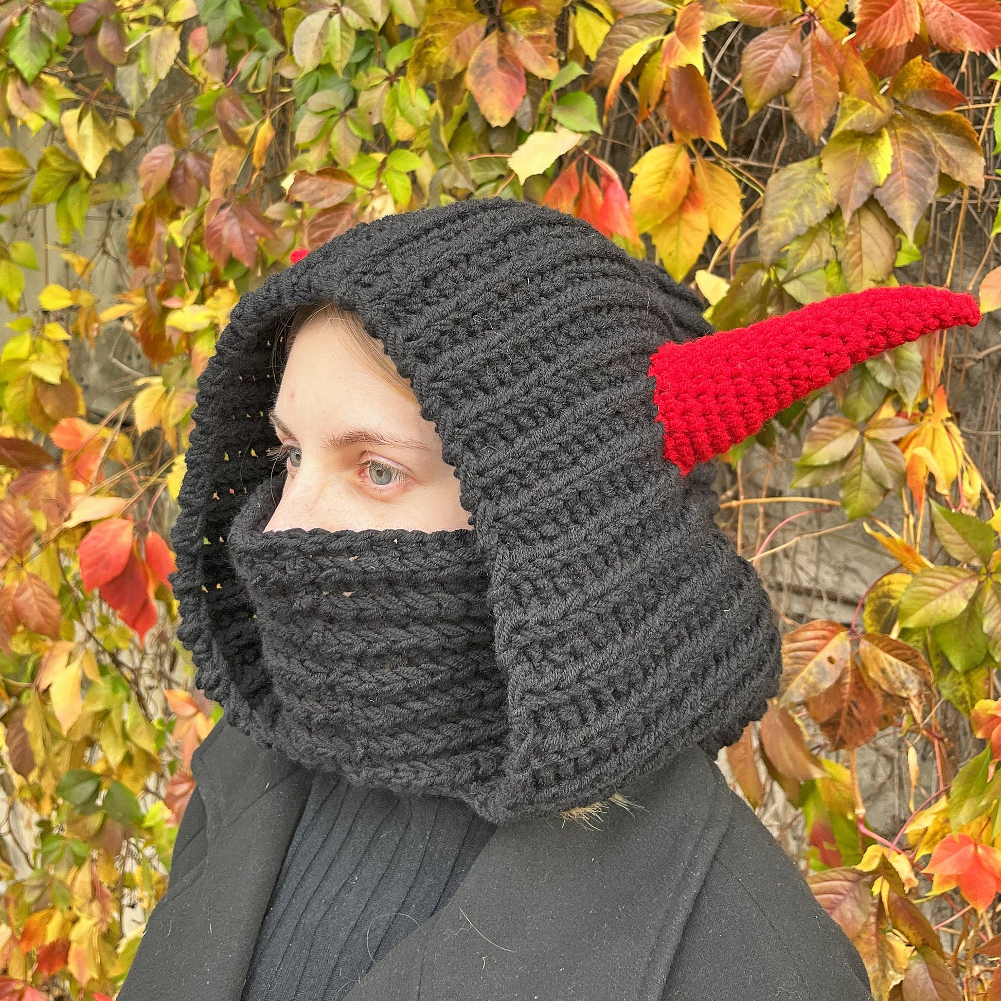 Crochet Pattern HORNED COWL, Halloween Hood, Unisex Hooded Cowl, Crochet Balaclava, Halloween Costume, English Only, Digital PDF Pattern