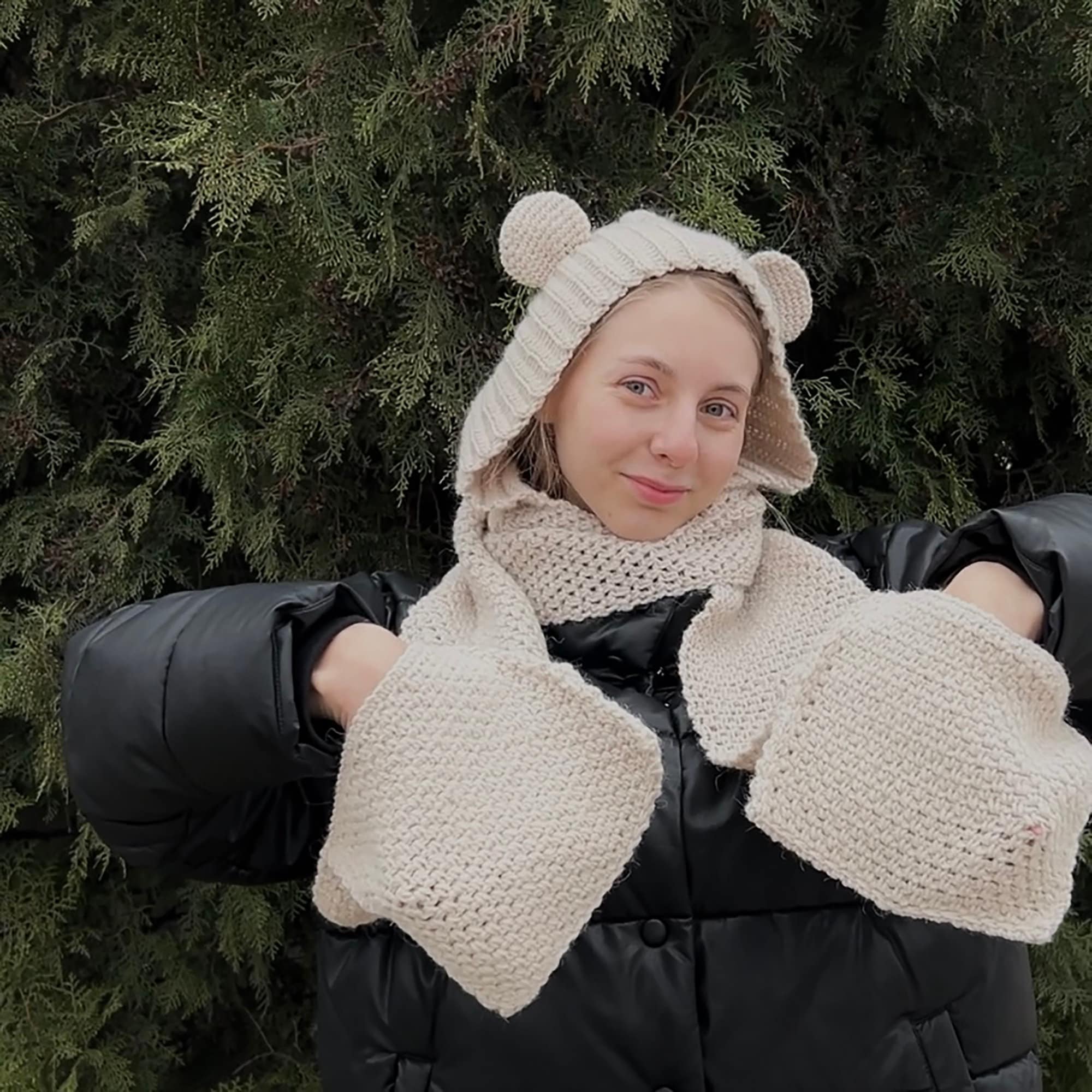 Scarf with Pockets + Сute Hat+ Crochet cowl, All-in-one PDF Crochet Pattern For Beginners, Hooded Scarf with Ears, Instant Download