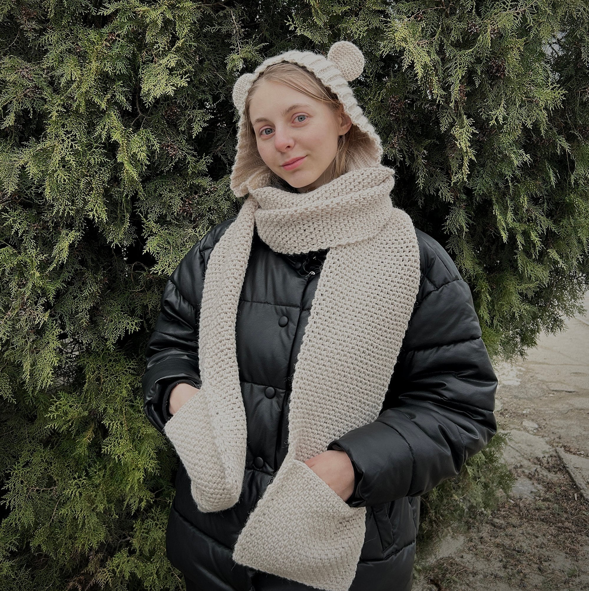 Scarf with Pockets + Сute Hat+ Crochet cowl, All-in-one PDF Crochet Pattern For Beginners, Hooded Scarf with Ears, Instant Download