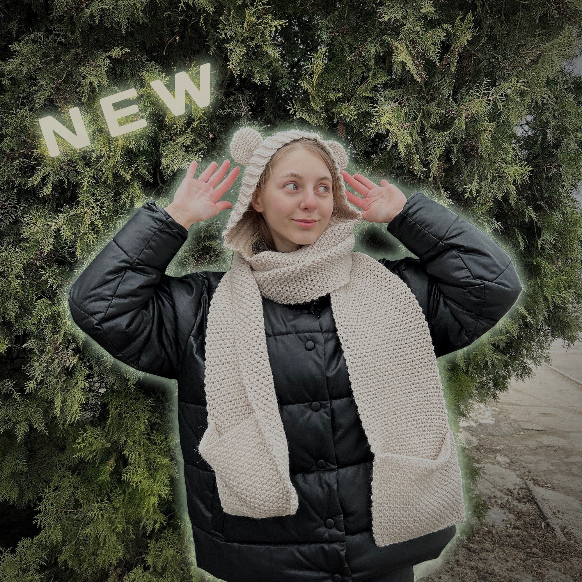 Scarf with Pockets + Сute Hat+ Crochet cowl, All-in-one PDF Crochet Pattern For Beginners, Hooded Scarf with Ears, Instant Download