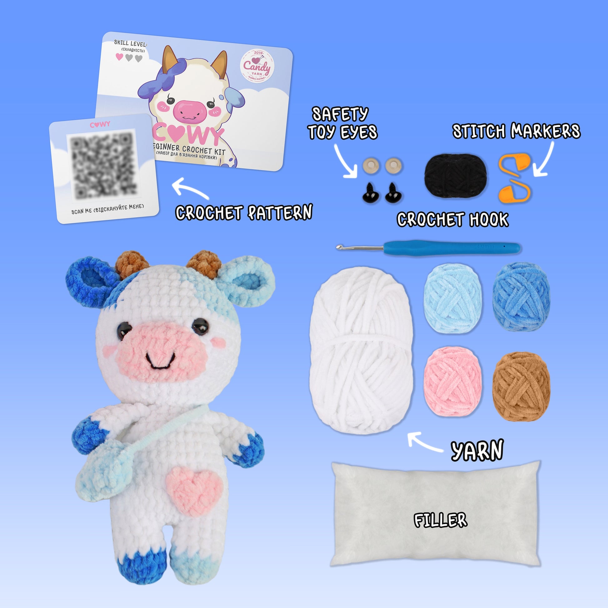 BEGINNER CROCHET KIT Amigurumi Cow, Easy Starter Crochet Kit, Amigurumi Kit, Diy Craft Kit Gift, Learn How To Crochet Kit, Amigurumi Cow