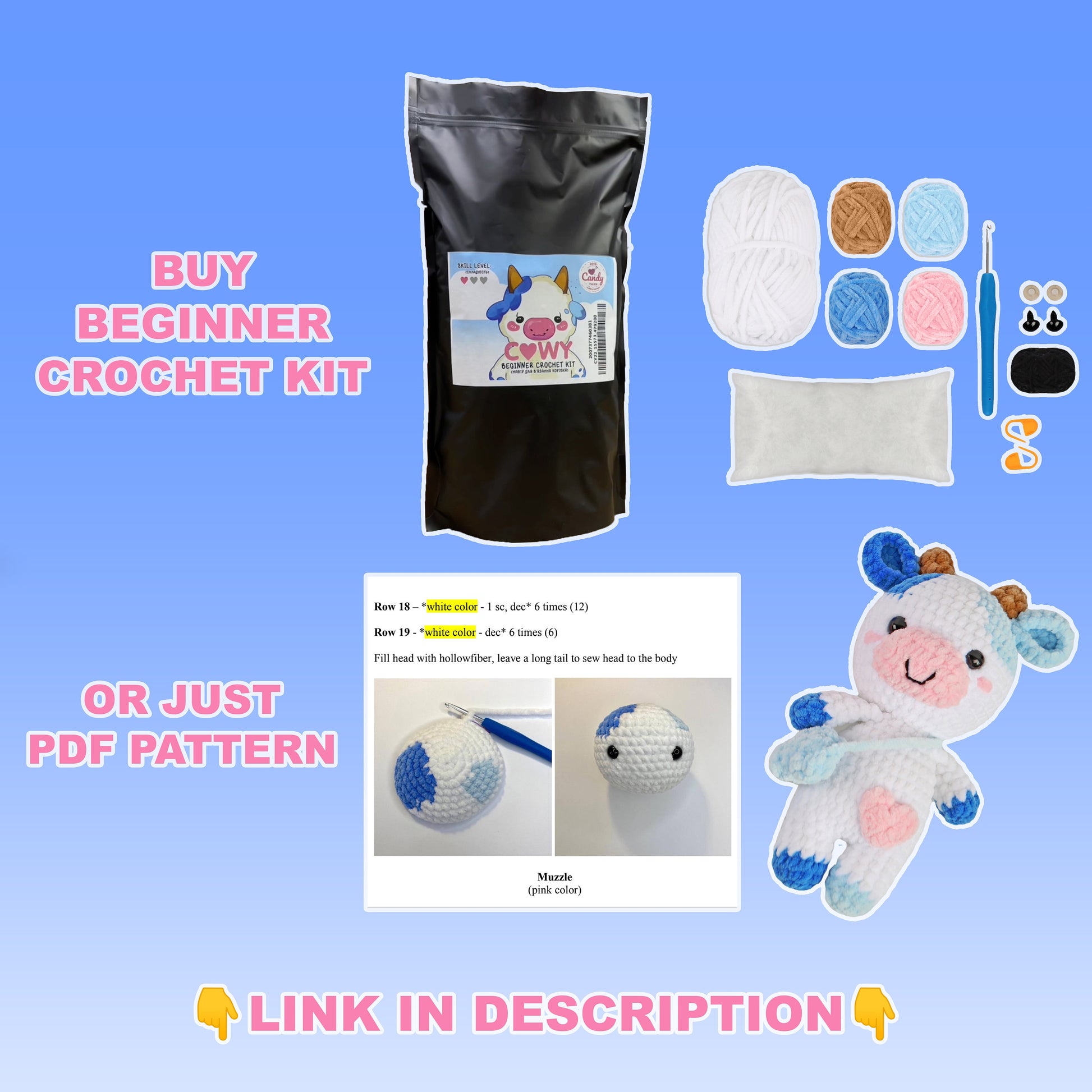 BEGINNER CROCHET KIT Amigurumi Cow, Easy Starter Crochet Kit, Amigurumi Kit, Diy Craft Kit Gift, Learn How To Crochet Kit, Amigurumi Cow