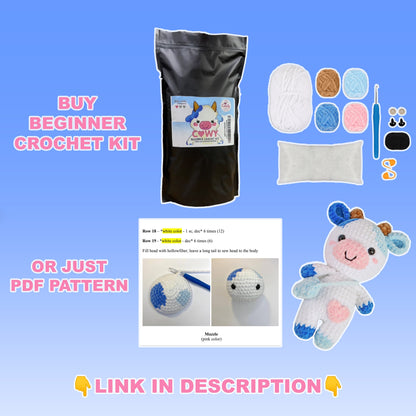 BEGINNER CROCHET KIT Amigurumi Cow, Easy Starter Crochet Kit, Amigurumi Kit, Diy Craft Kit Gift, Learn How To Crochet Kit, Amigurumi Cow