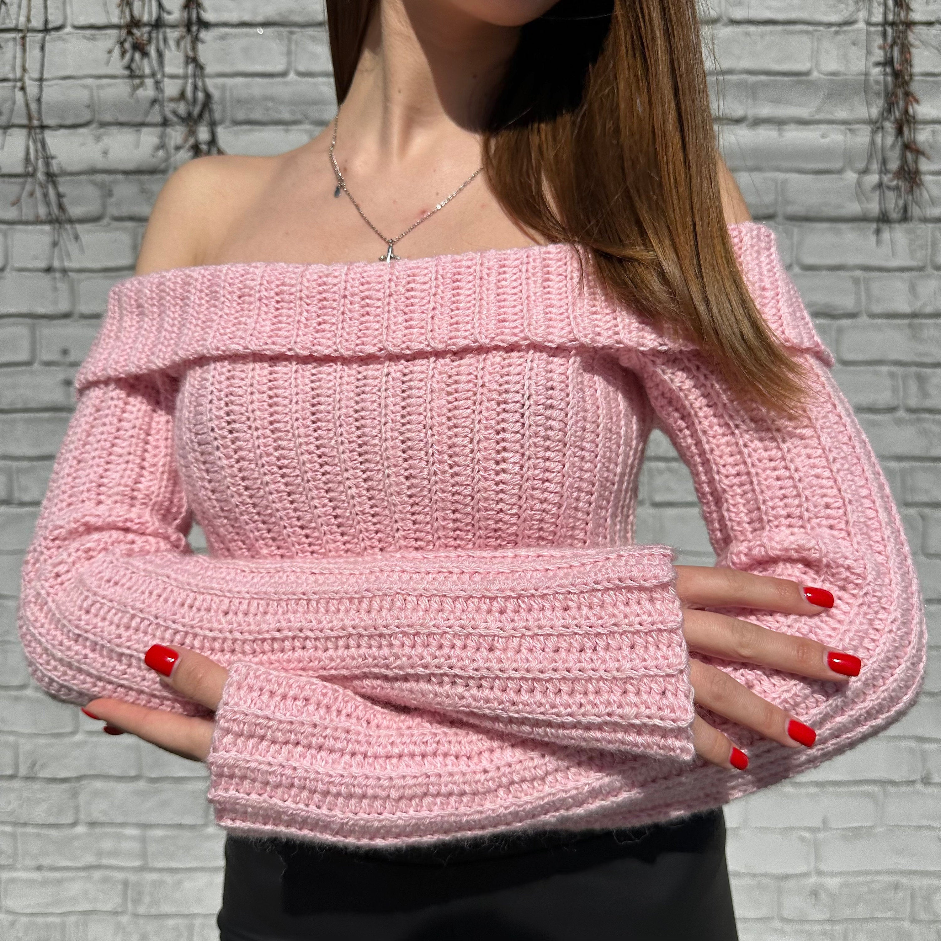 OFF SHOULDER Crochet Sweater Pattern, PDF Women Crop Top Pattern, Crochet Crop Top Pattern, Cropped Longsleeve Digital Pattern