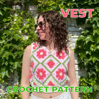 Crochet SWEATER VEST, Strawberry Vest Pattern, Granny Square Vest Pattern, Waistcoat Easy Crochet Pattern, PDF Pattern