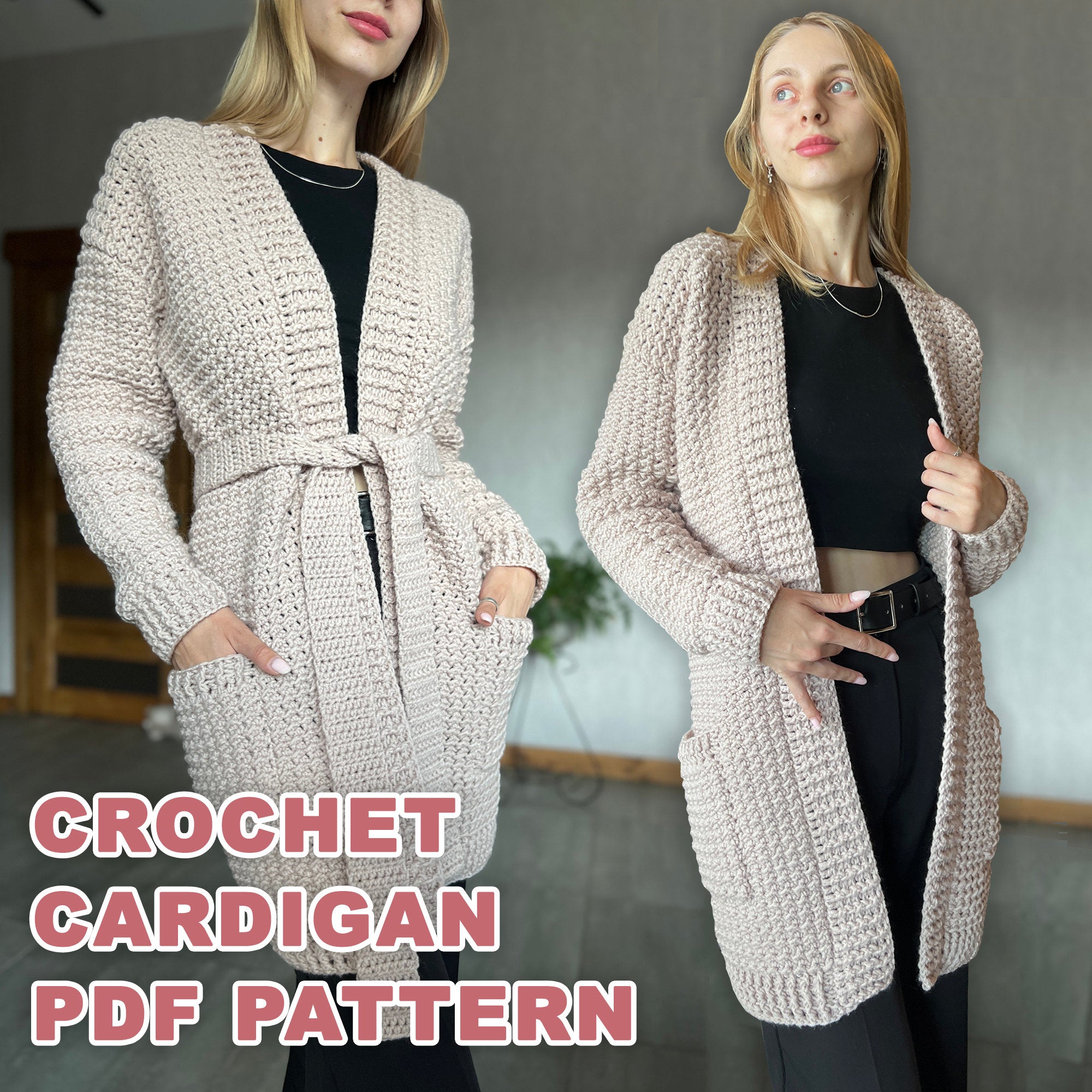 Crochet CARDIGAN PATTERN, Crochet PDF Pattern, Sizes S-M, Crochet Cardigan with Pockets and Belt, Womens Crochet Pattern, Instant Download
