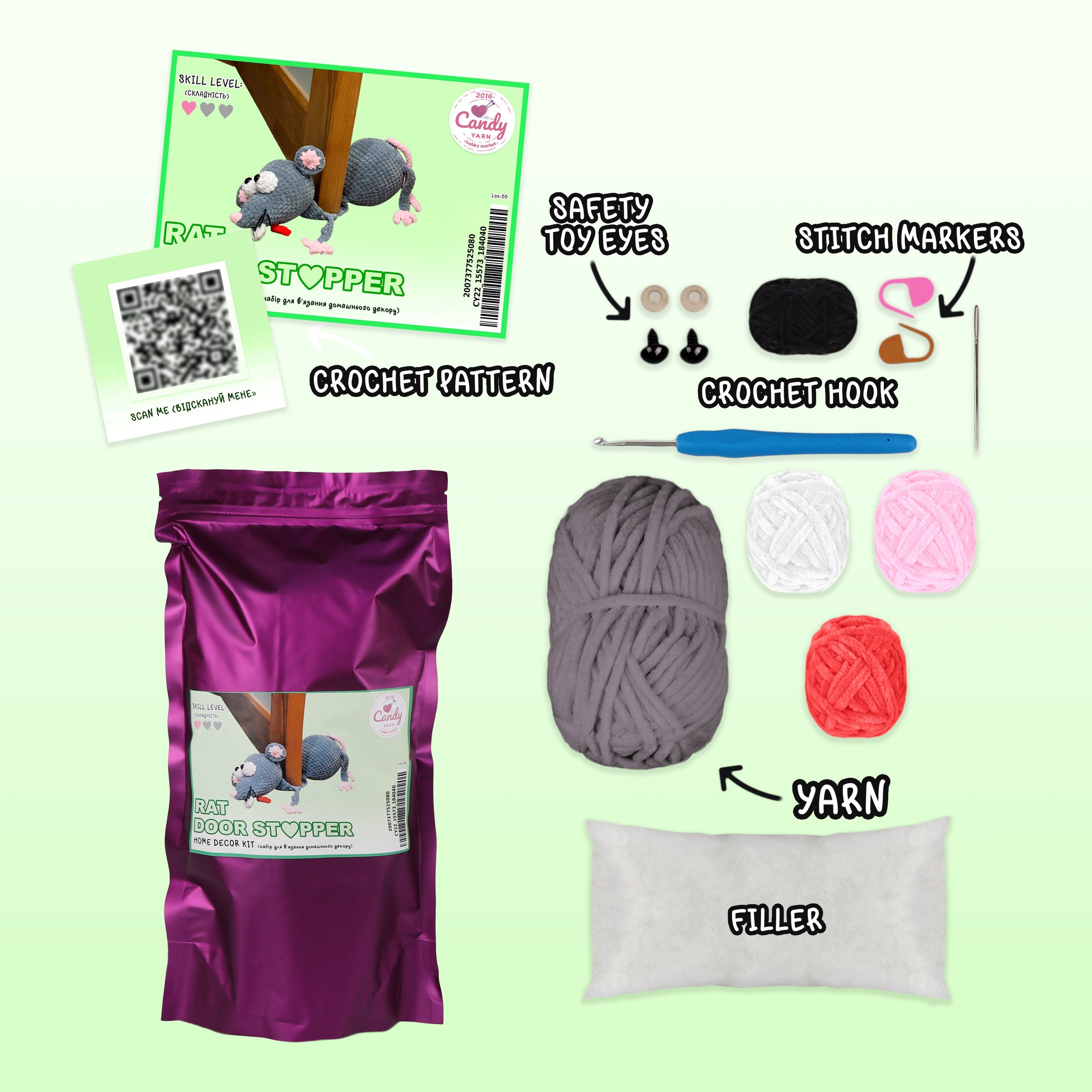 Crochet Kit RAT DOOR STOPPER + Pdf Pattern, Amigurumi Rat Door Stop, Learn How To Crochet Kit, Amigurumi Mouse, Diy Craft Kit Gift Door Stop