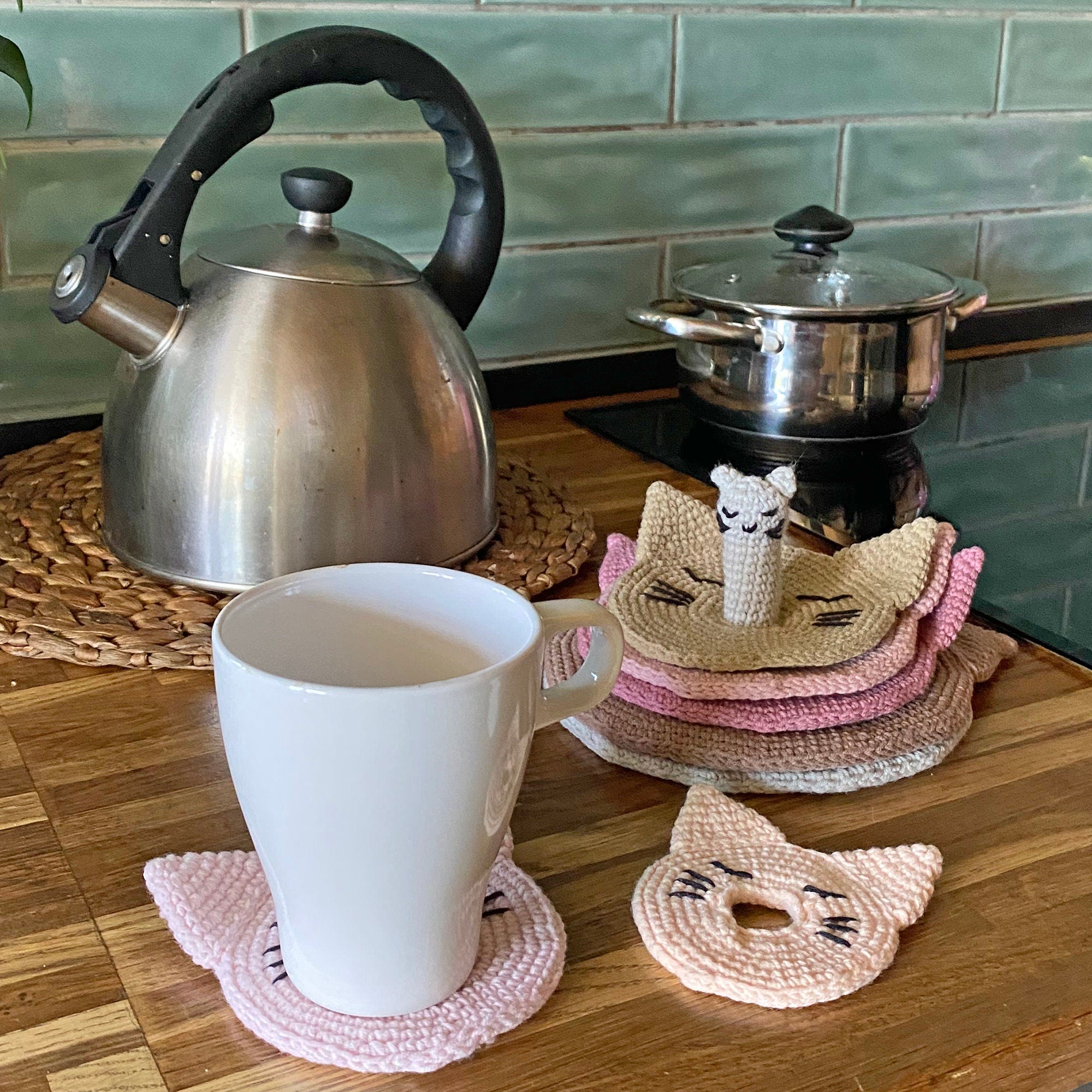 Crochet Cat Coasters, Kitty Coaster Crochet Pattern, Seven Sizes Kitchen Coasters, Stacking Crochet Coastern Pattern, Instant Download