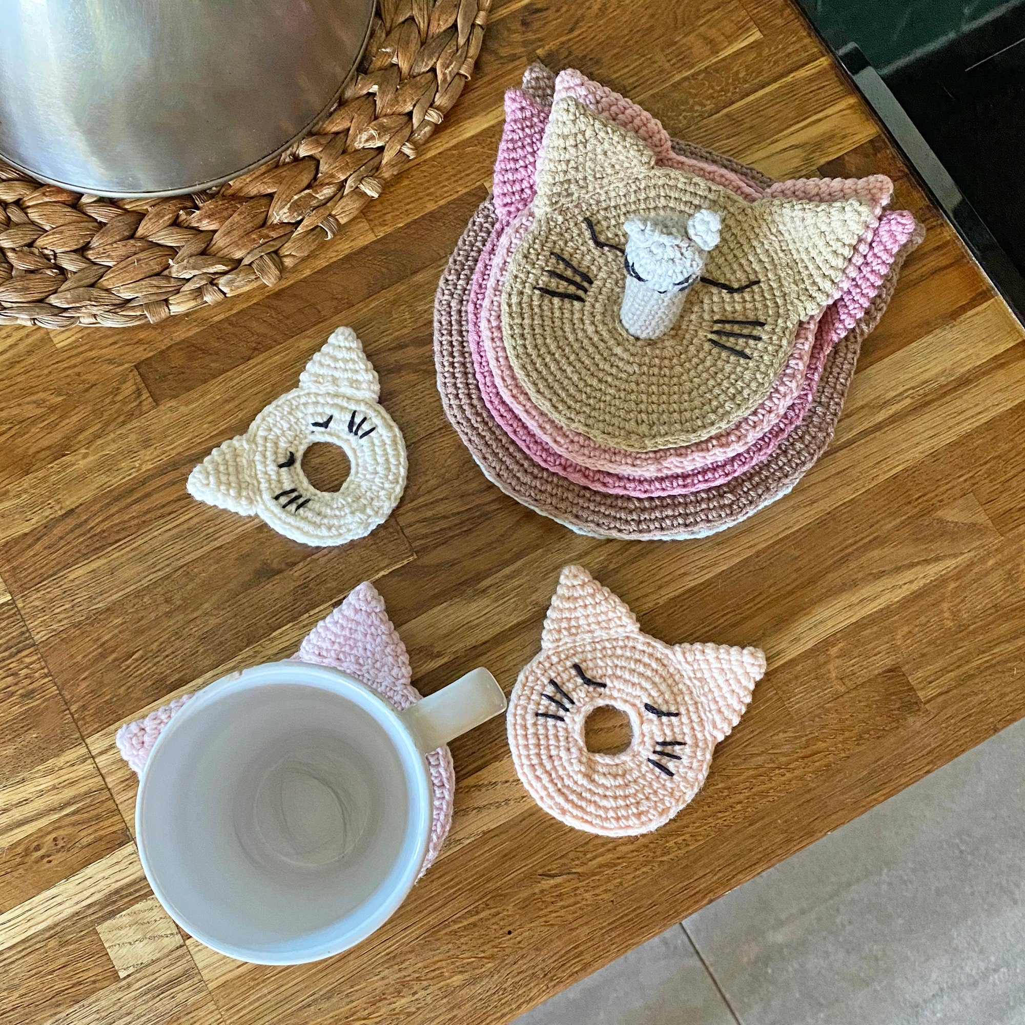 Crochet Cat Coasters, Kitty Coaster Crochet Pattern, Seven Sizes Kitchen Coasters, Stacking Crochet Coastern Pattern, Instant Download