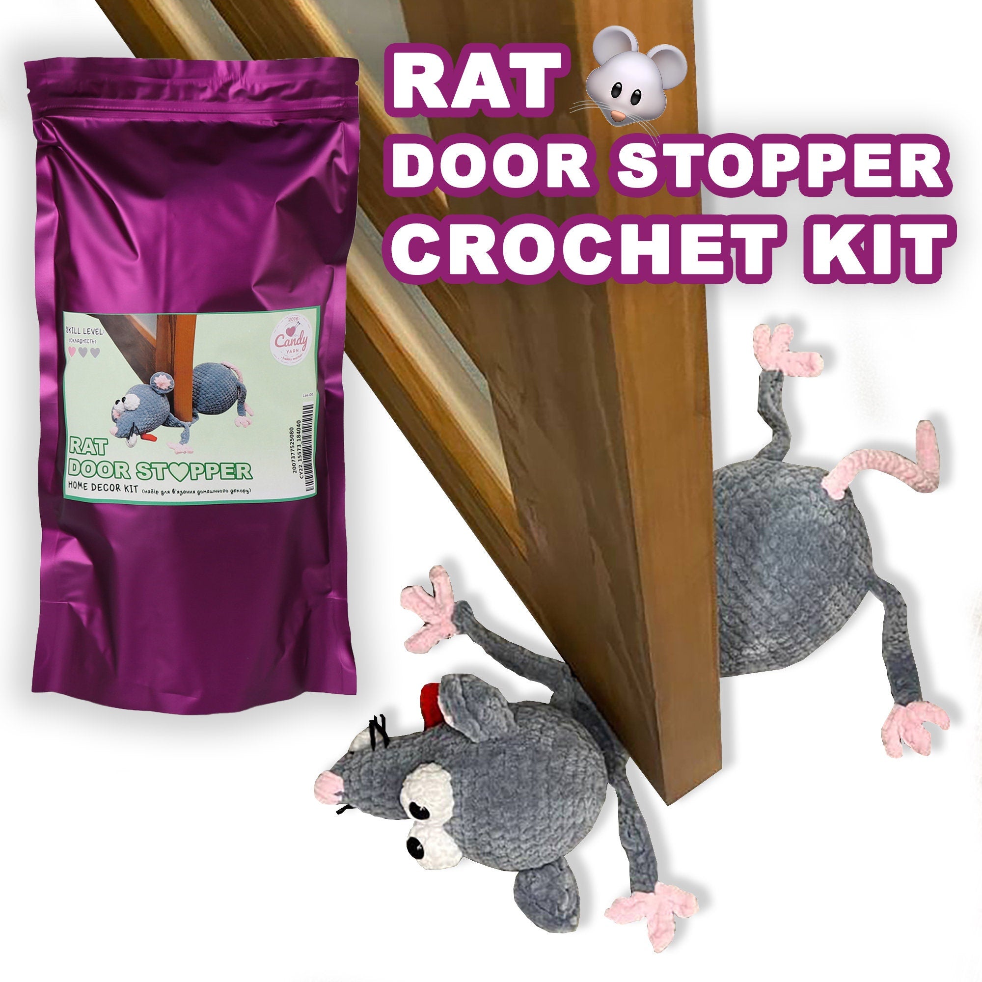 Crochet Kit RAT DOOR STOPPER + Pdf Pattern, Amigurumi Rat Door Stop, Learn How To Crochet Kit, Amigurumi Mouse, Diy Craft Kit Gift Door Stop